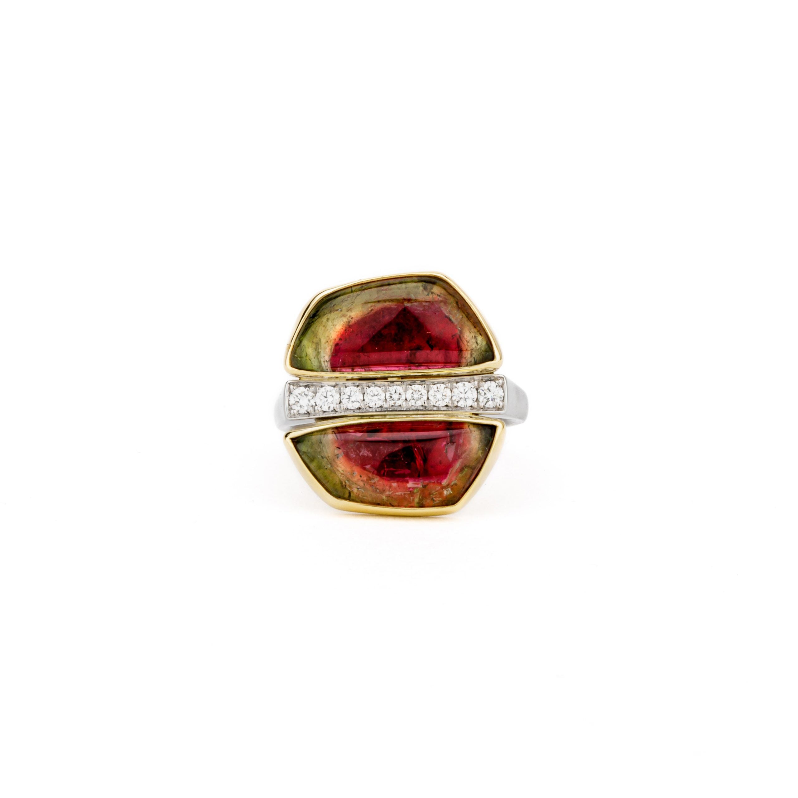 Watermelon tourmaline and diamond ring in platinum and 18k gold