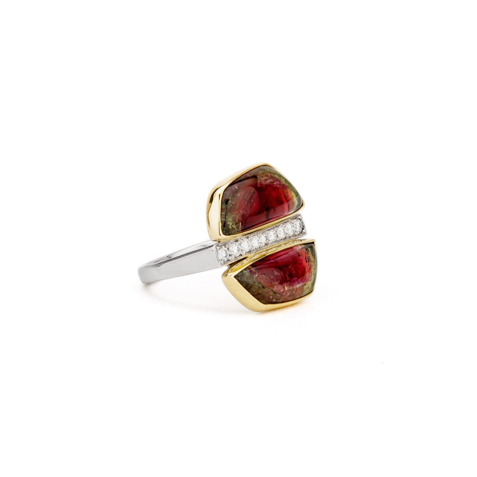 Watermelon tourmaline and diamond ring in platinum and 18k gold