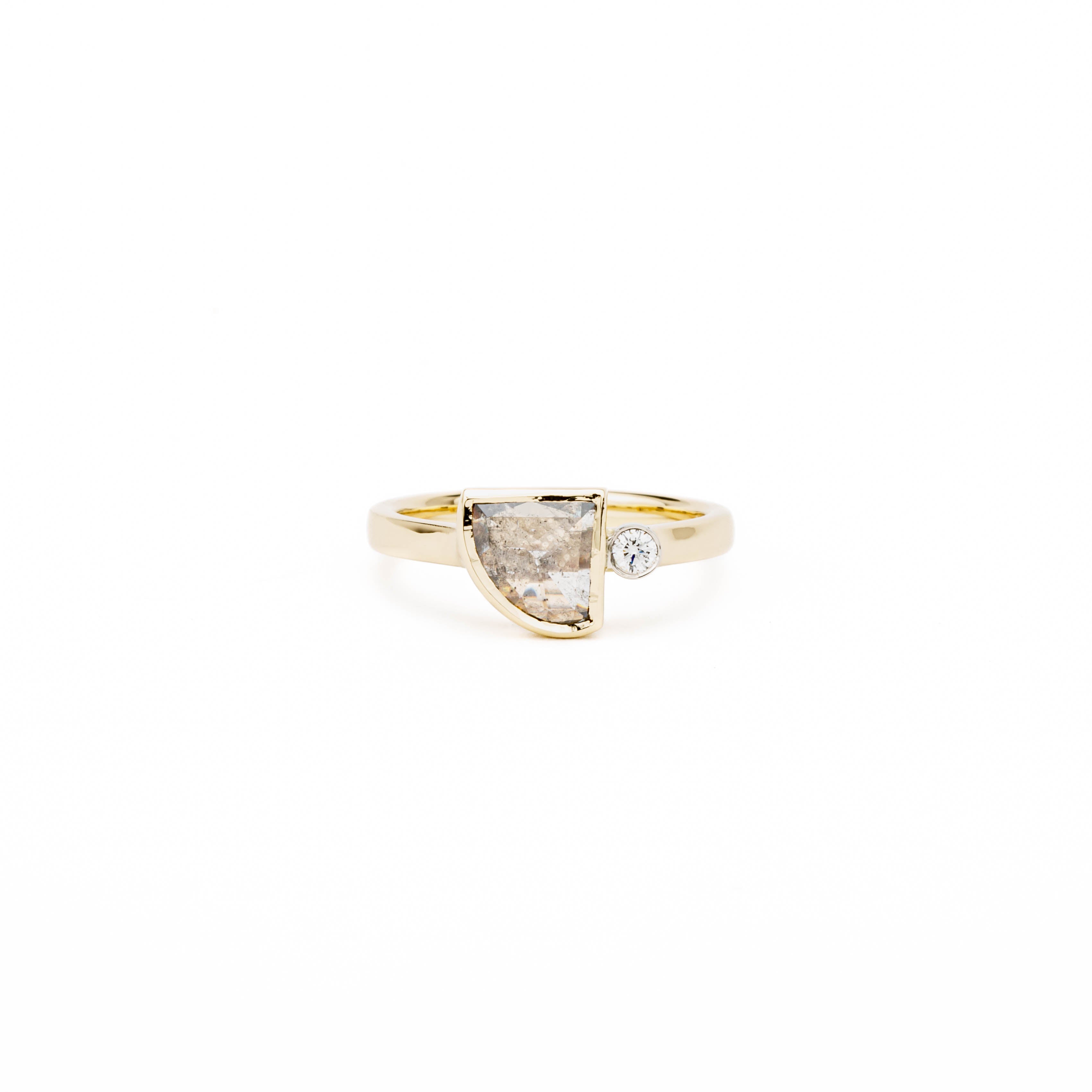 Champagne diamond engagement ring in yellow gold with fan-shaped rosecut center stone and white diamond accent