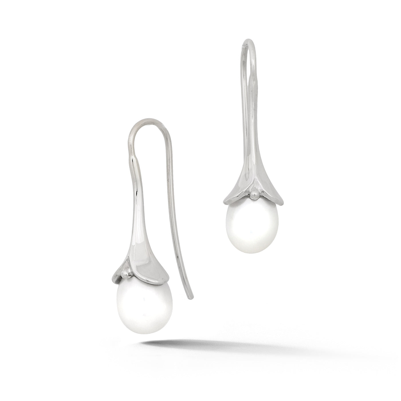 14k white gold petal setting white pearl drop earrings