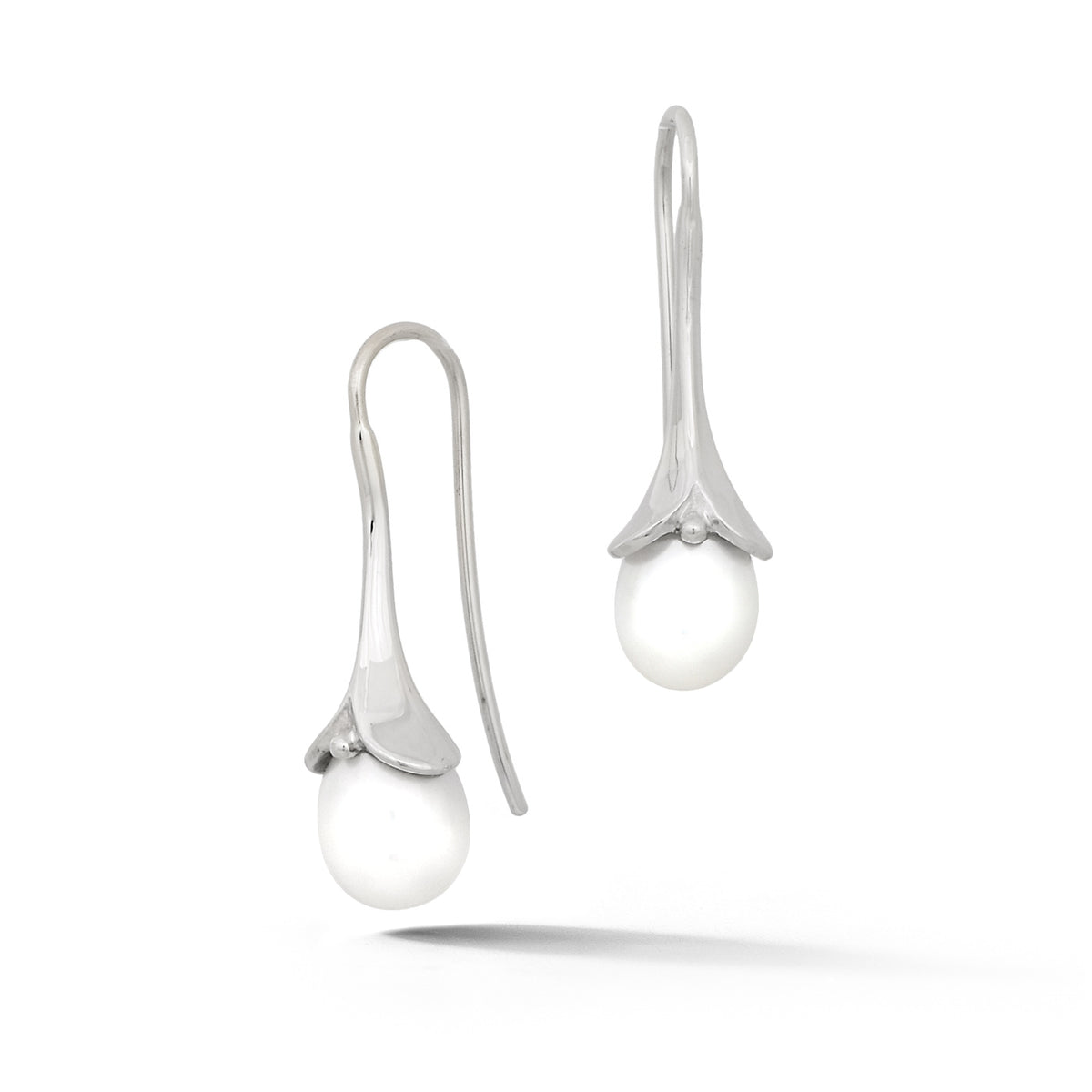 14k white gold petal setting white pearl drop earrings