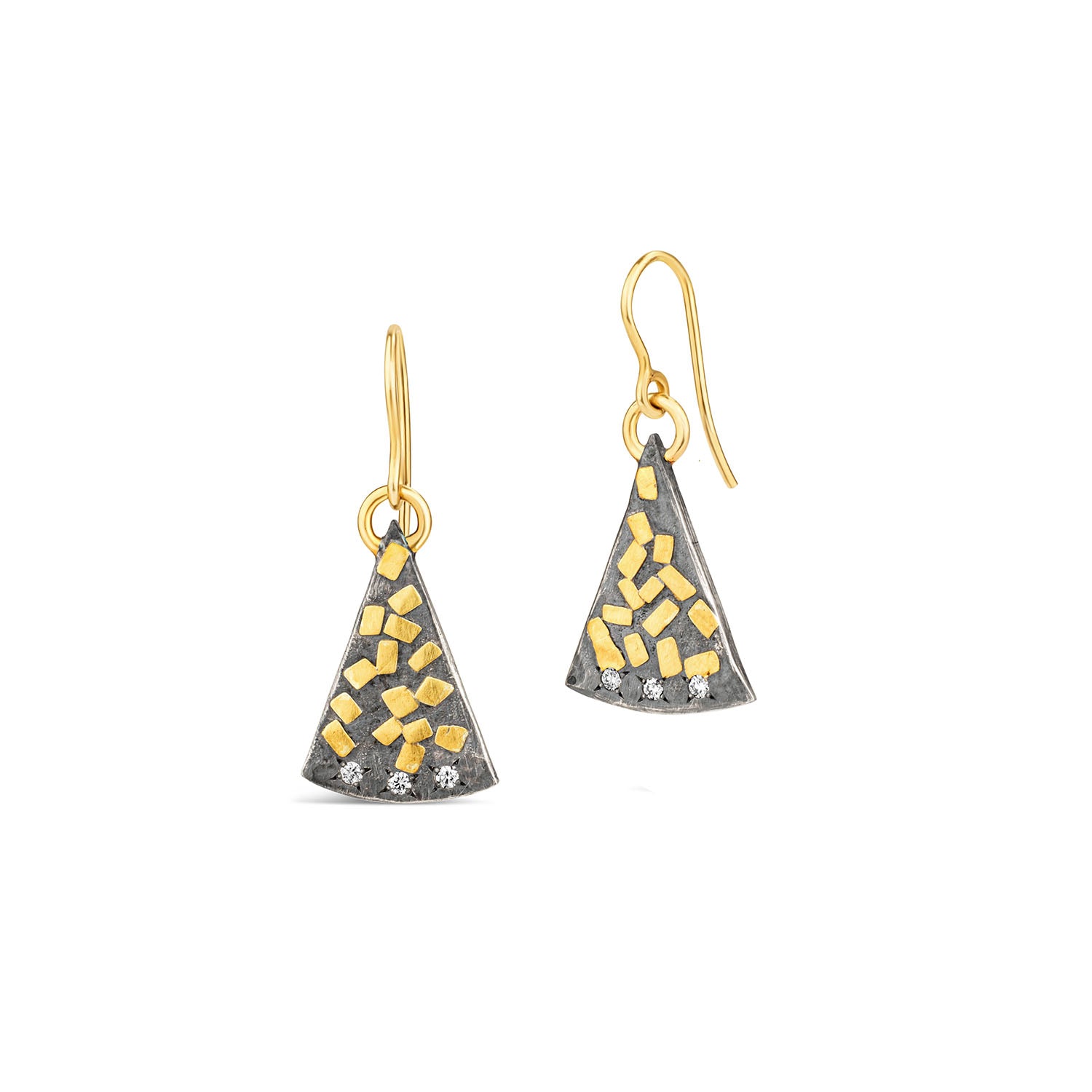 Oxidized sterling silver triangle drop earrings with 22k yellow gold flake accents and diamond details, 14k gold French wire hooks