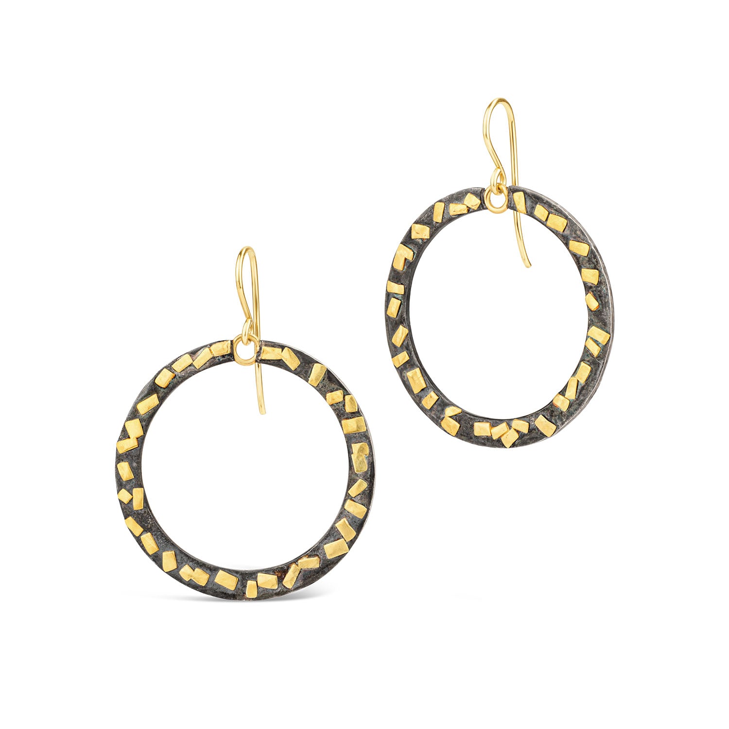 Oxidized sterling silver open circle drop earrings with 22k yellow gold accent inlay and 14k gold French wire hooks