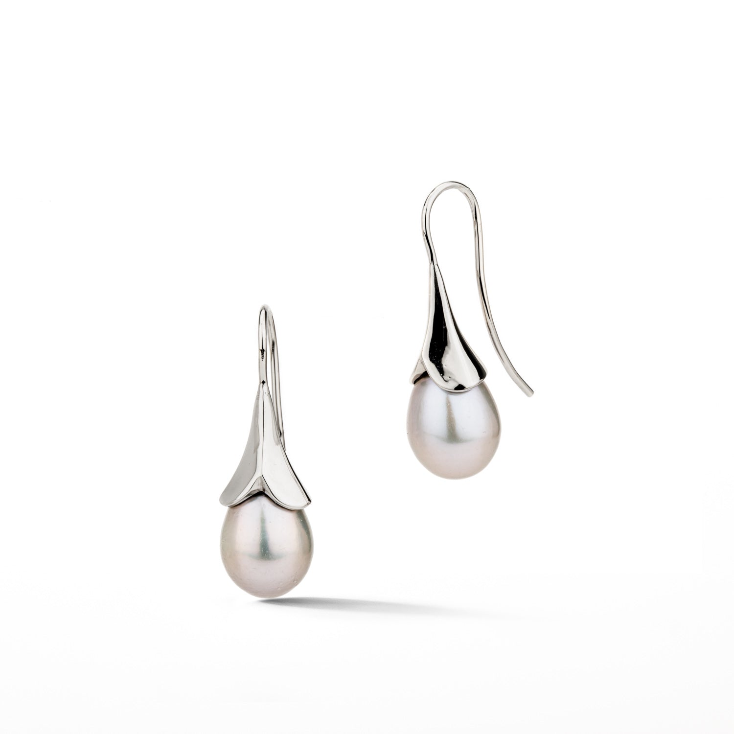 Grey freshwater pearl drop earrings with carved 14k white gold caps