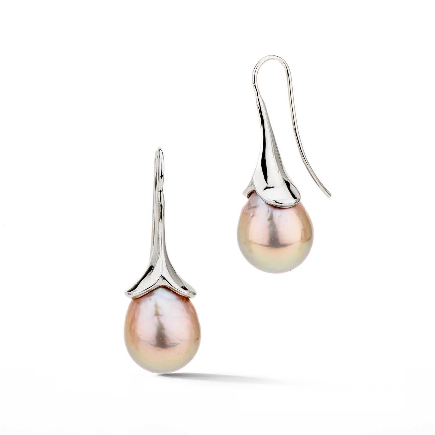 Natural freshwater chrome pearl drop earrings in 14k white gold with french hooks
