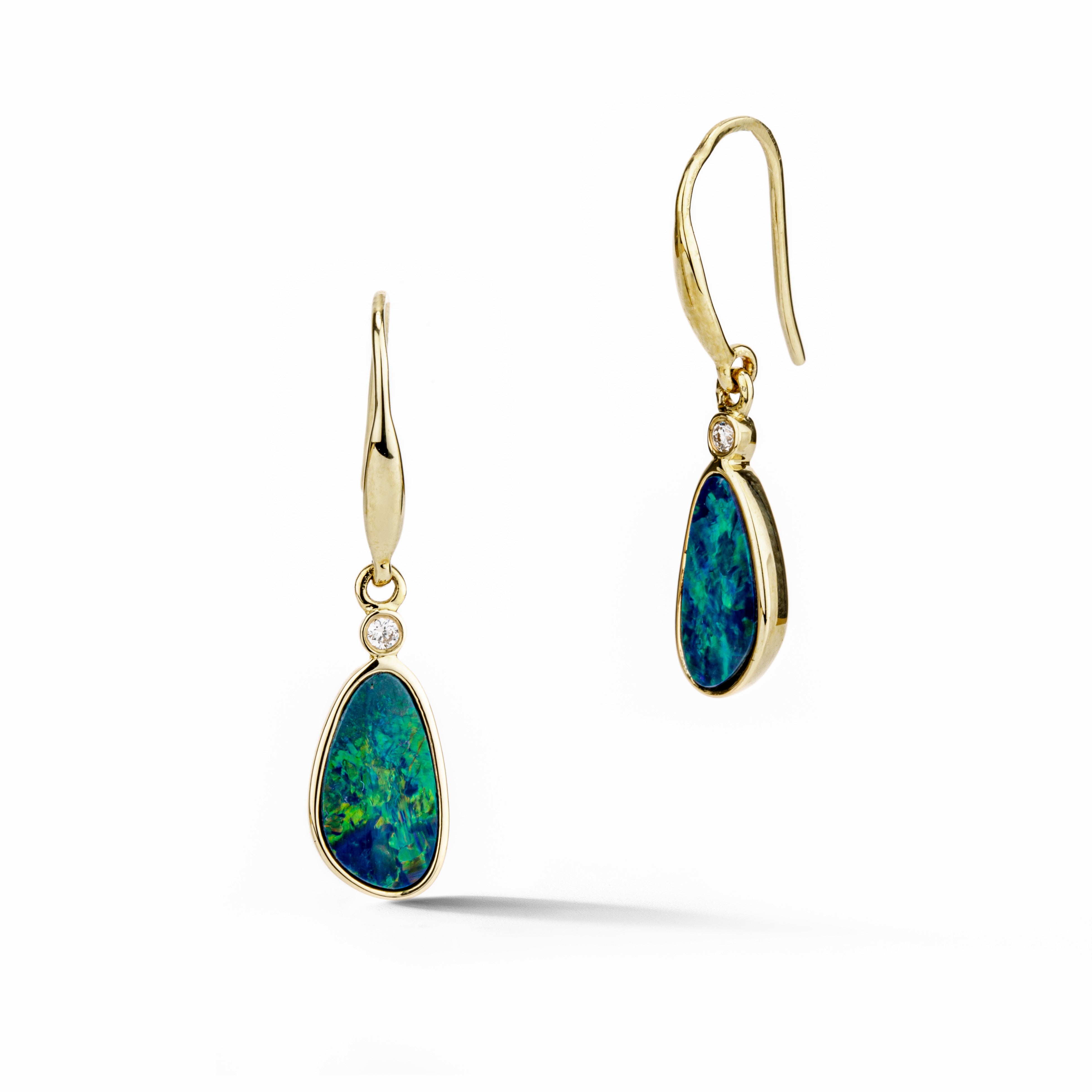 14k yellow gold drop earrings featuring freeform blue-green opal doublets with bezel-set diamond connectors