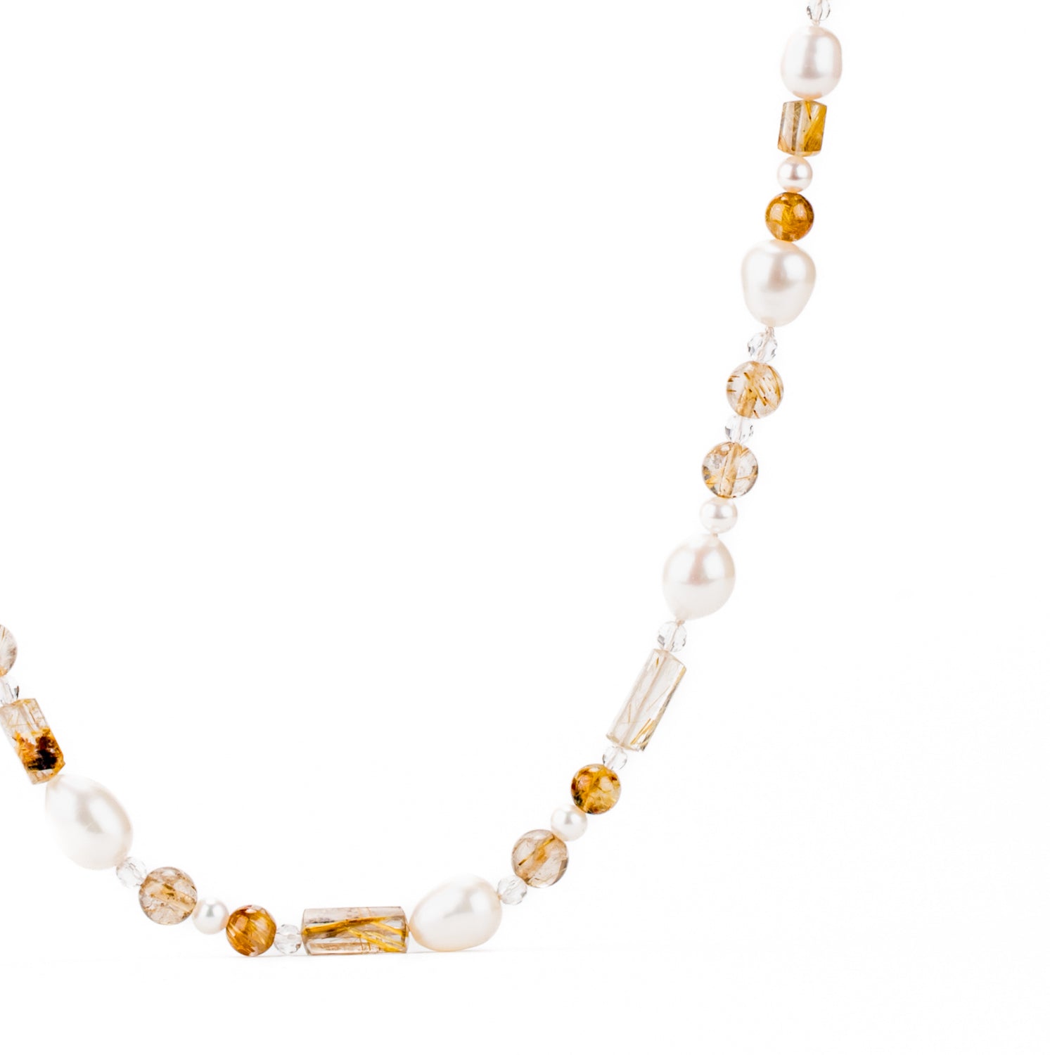 Freshwater pearl and rutilated quartz necklace with 14k gold clasp