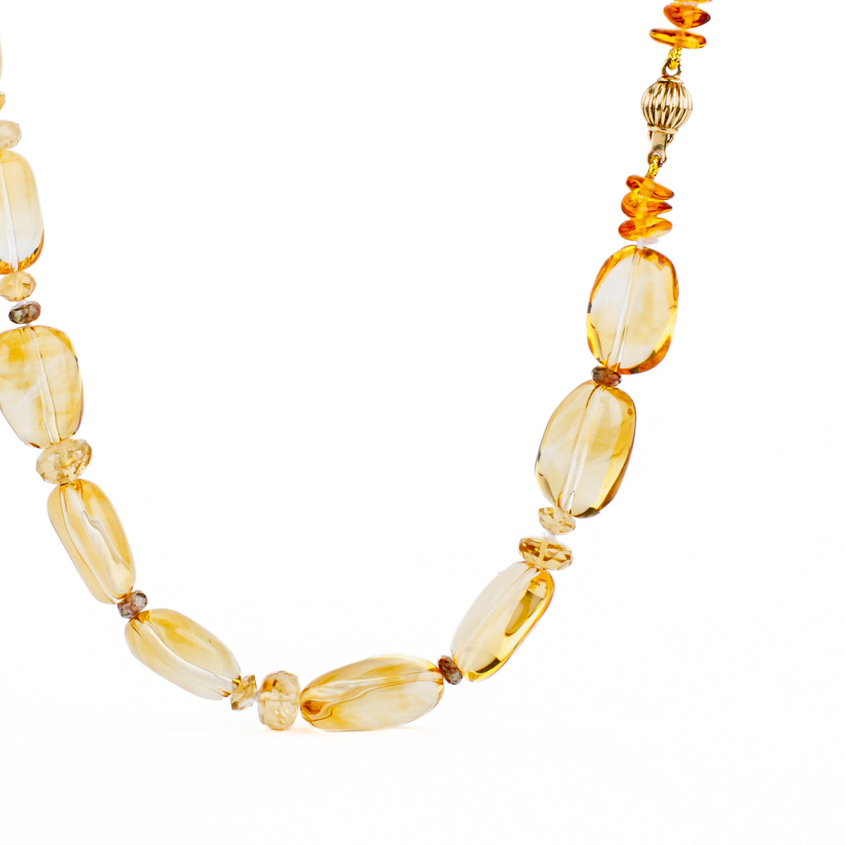 Citrine nugget necklace with andalusite rondel accents and a 14k yellow gold ball clasp, 18 inches