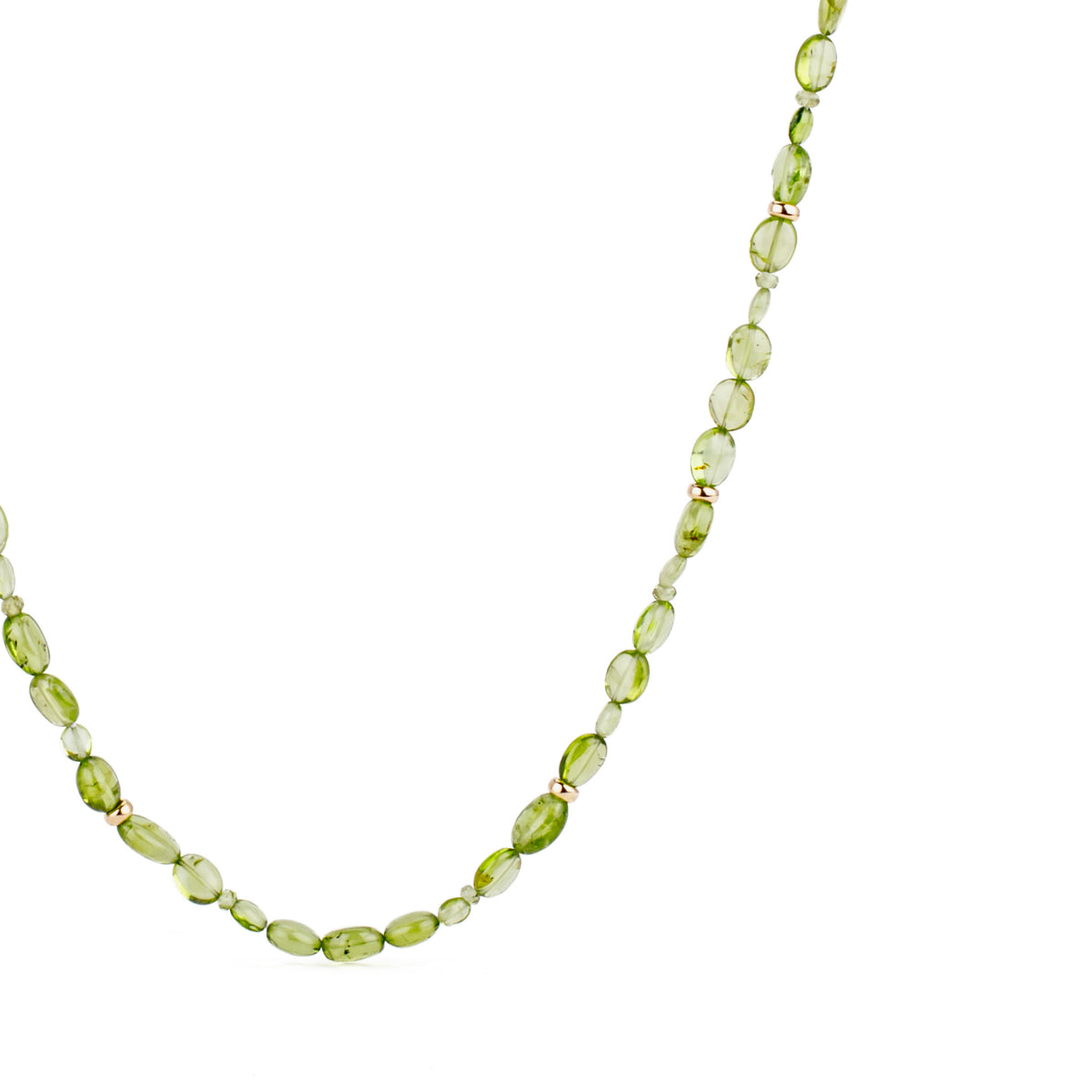 Smooth oval peridot necklace with 14k yellow gold rondel accents and ball clasp, 19 inches