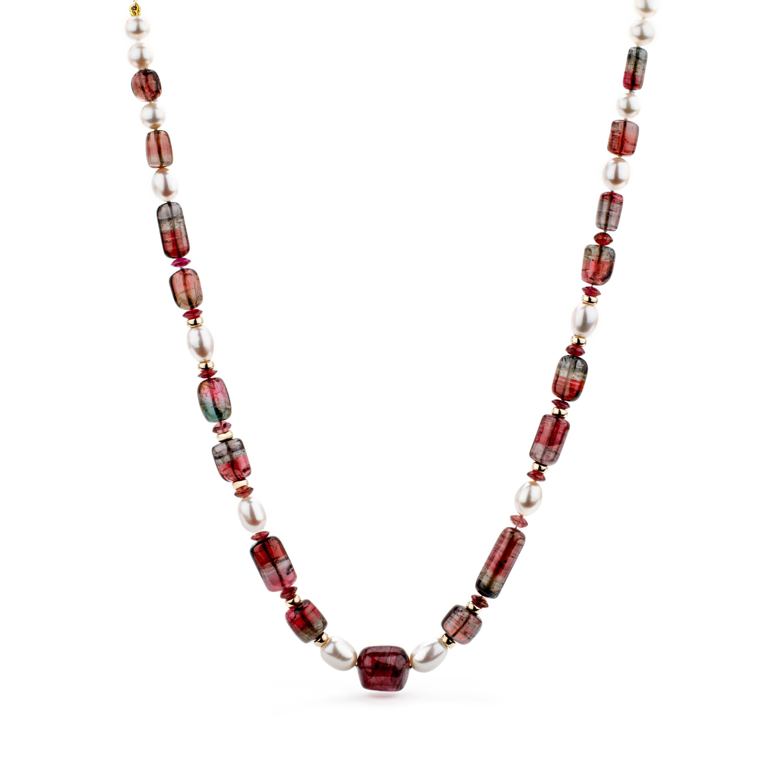 Bi-color tourmaline and freshwater pearl necklace with 14k gold