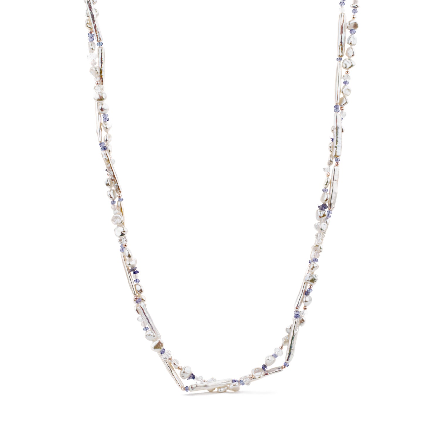 Double strand pearl necklace with tanzanite and quartz gemstones