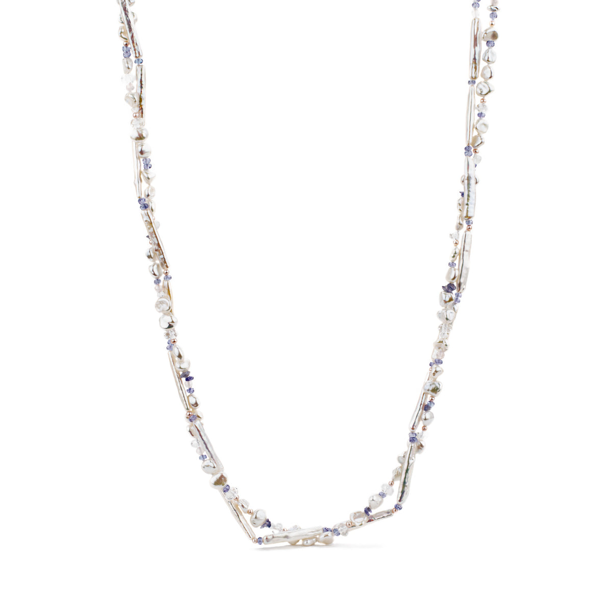 Double strand pearl necklace with tanzanite and quartz gemstones