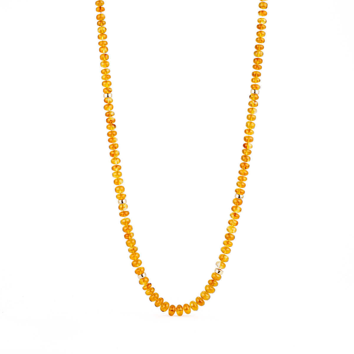 Graduated citrine beaded necklace with 14k yellow gold rondels, 21.5 inches