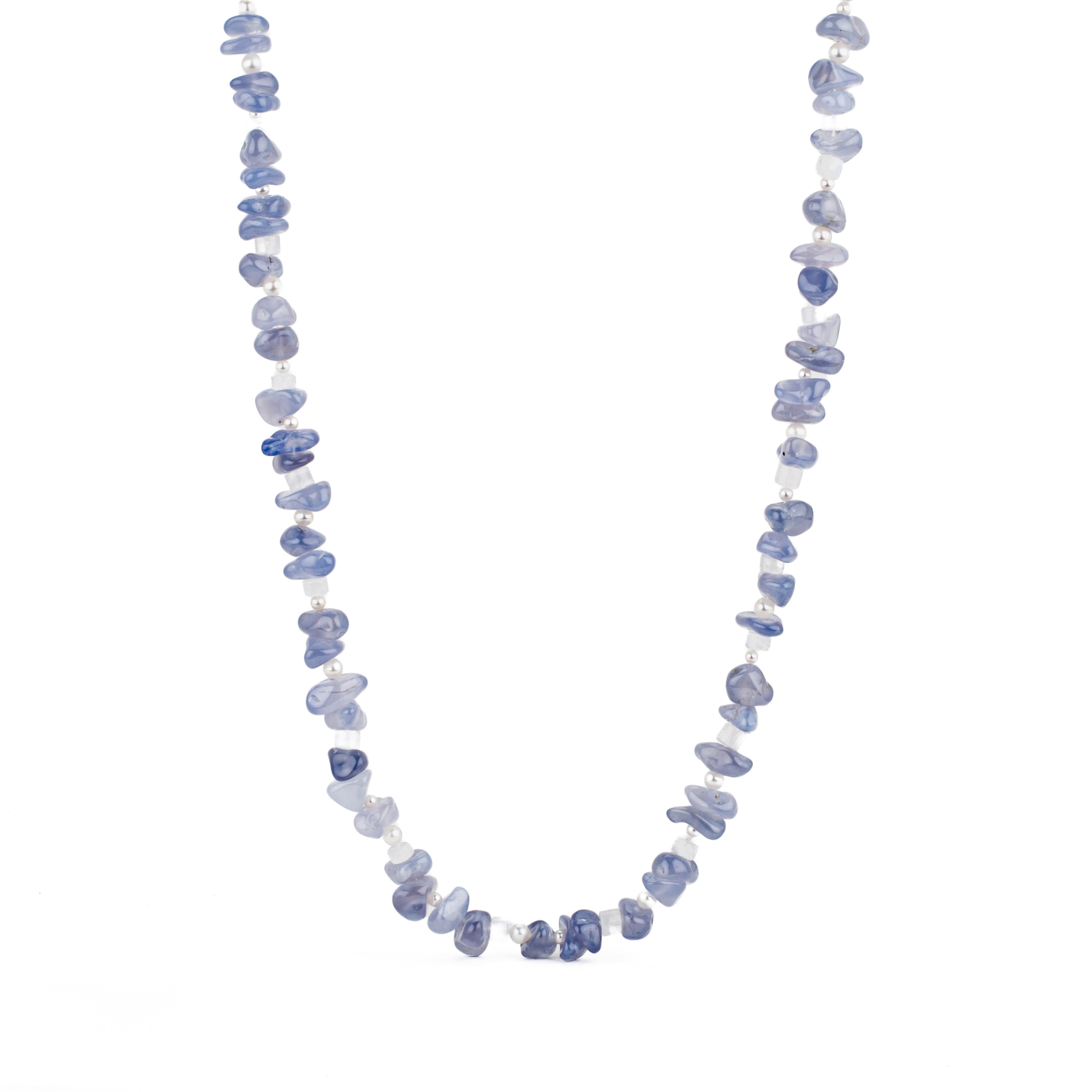 Chalcedony freeform beaded necklace with freshwater pearl and moonstone accents on a 14k white gold clasp, 19.5 inches