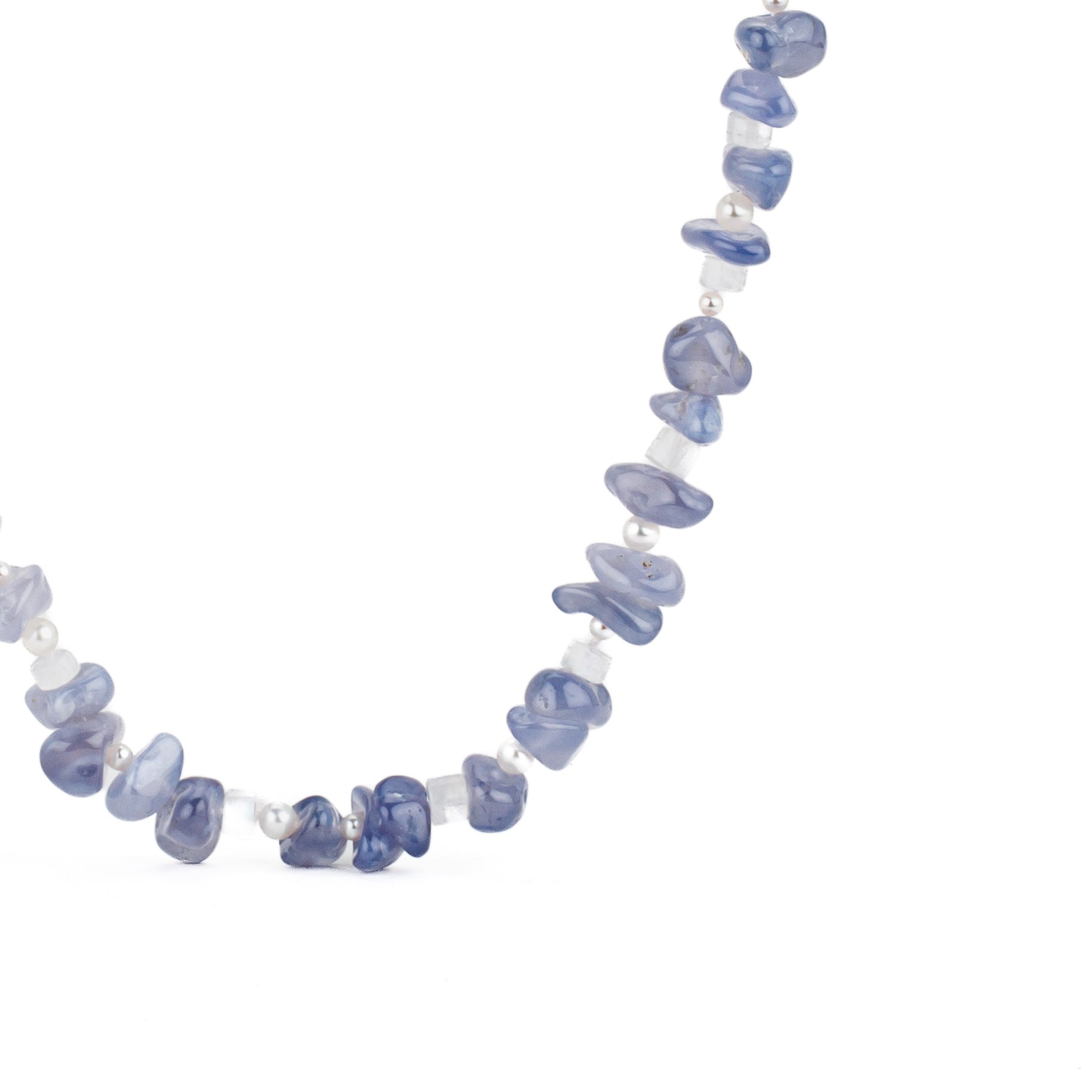 Chalcedony freeform beaded necklace with freshwater pearl and moonstone accents on a 14k white gold clasp, 19.5 inches