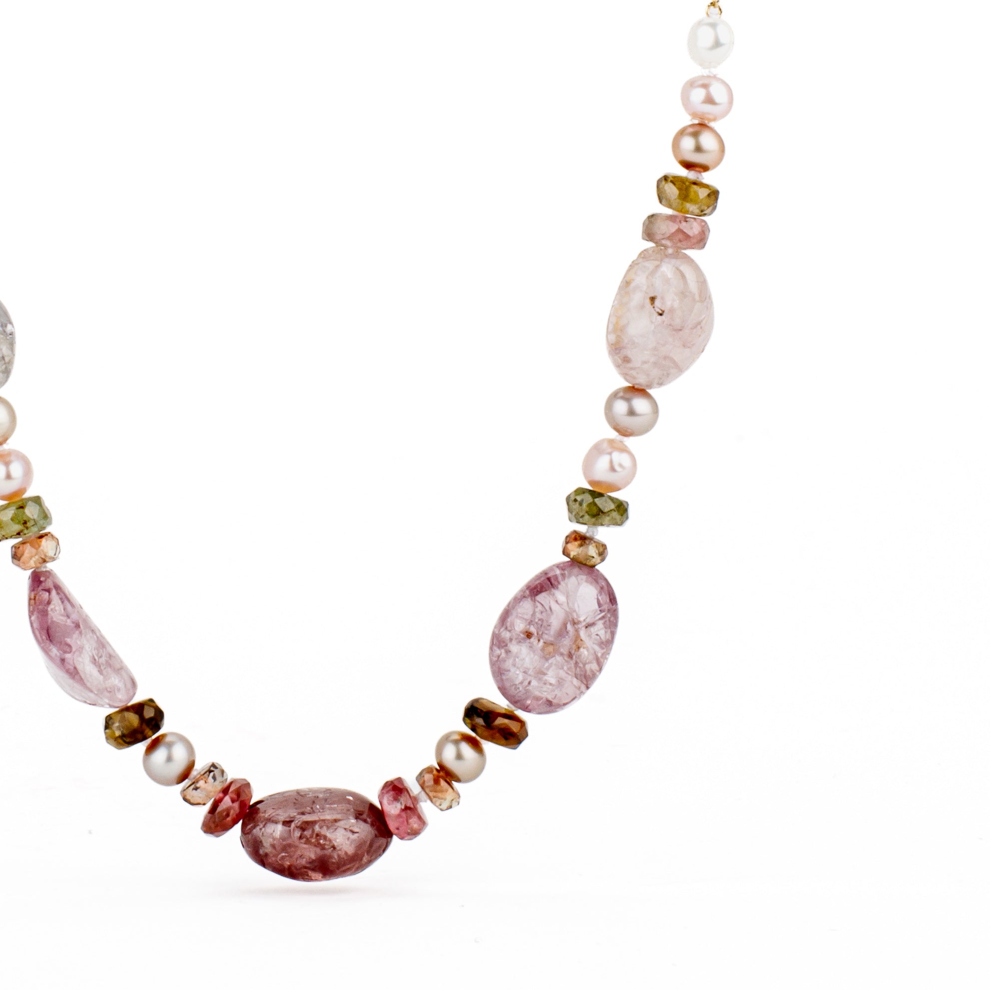 Spinel and multi-gemstone necklace with freshwater pearls, tourmaline, and andalusite on a 14k yellow gold chain, 17 inches