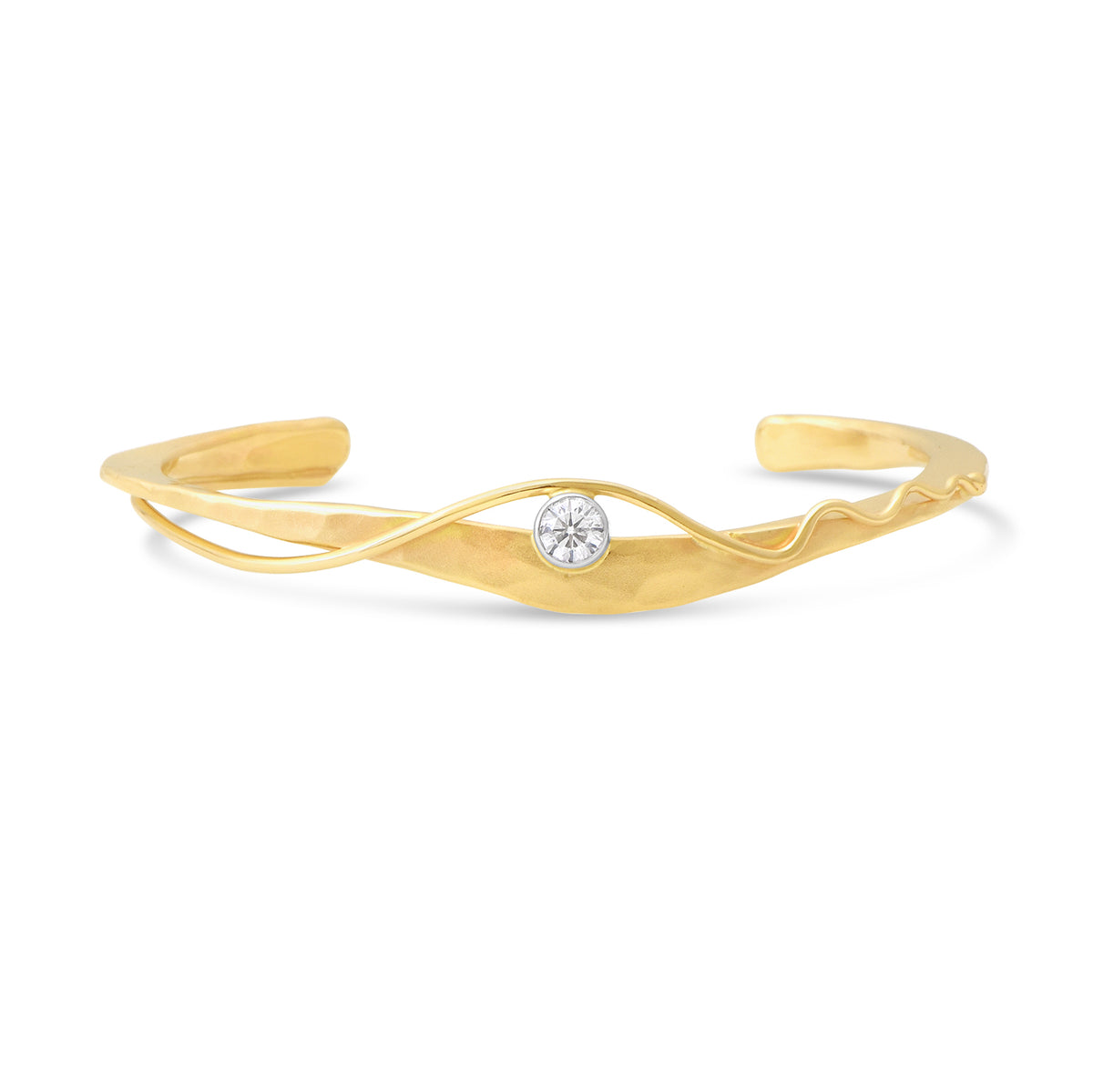 Forged 14k yellow gold cuff bracelet with diamond and curved wire detail