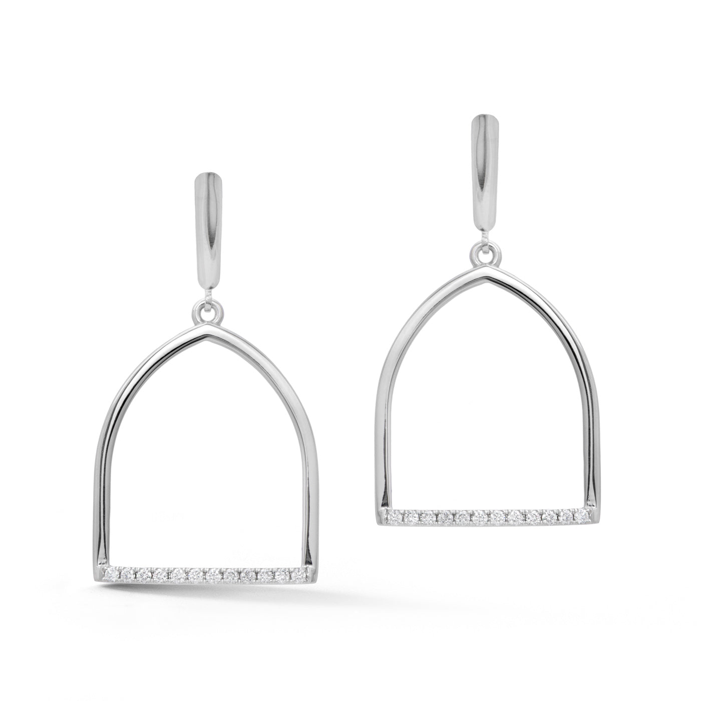 14k white gold large stirrup drop earrings with round diamonds set at the bottom