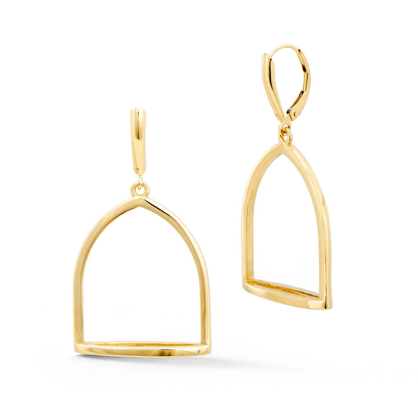 Large 14k yellow gold stirrup drop earrings with lever-back findings