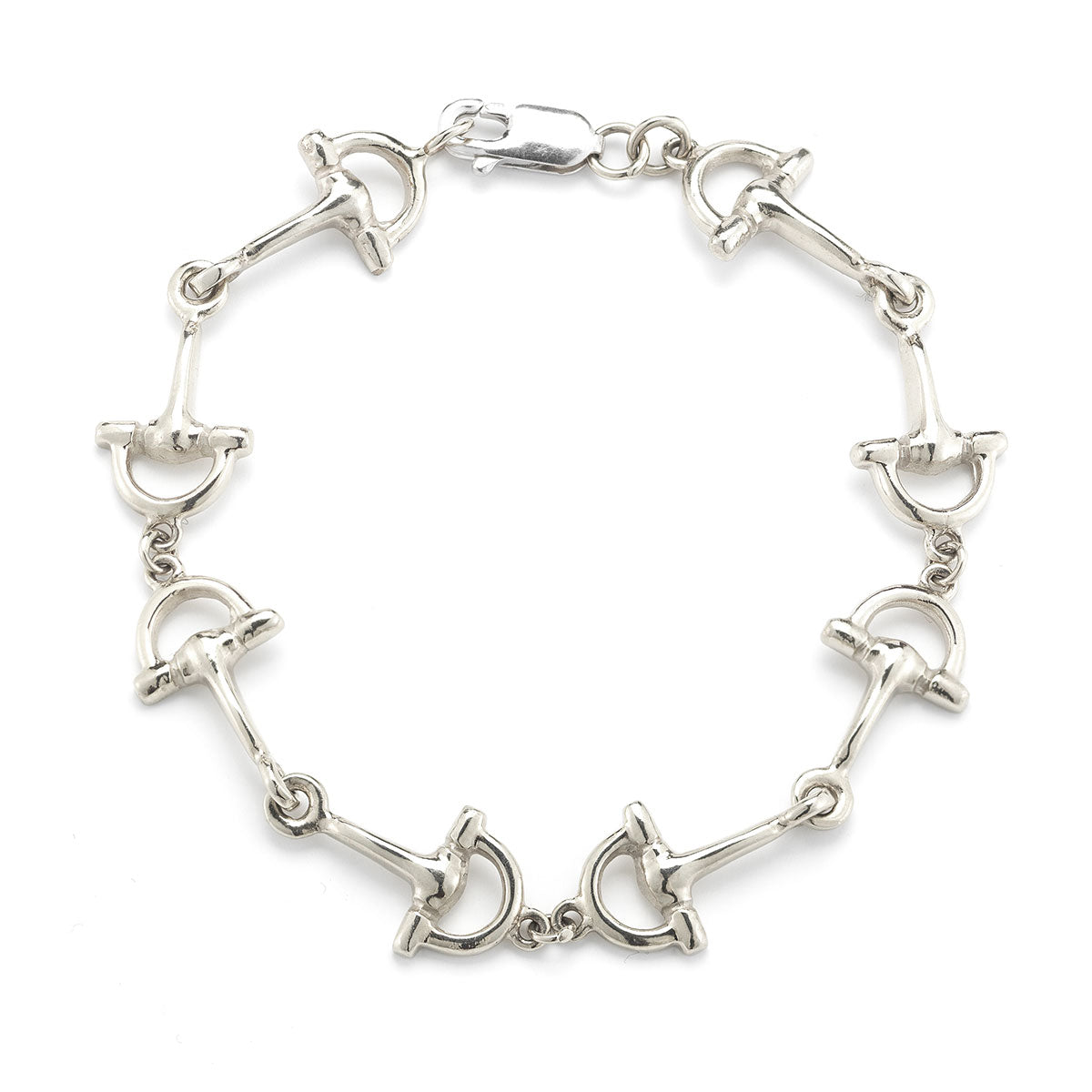 Sterling silver snaffle bit link bracelet featuring repeating equestrian bit motifs connected by small jump rings, with a lobster claw clasp