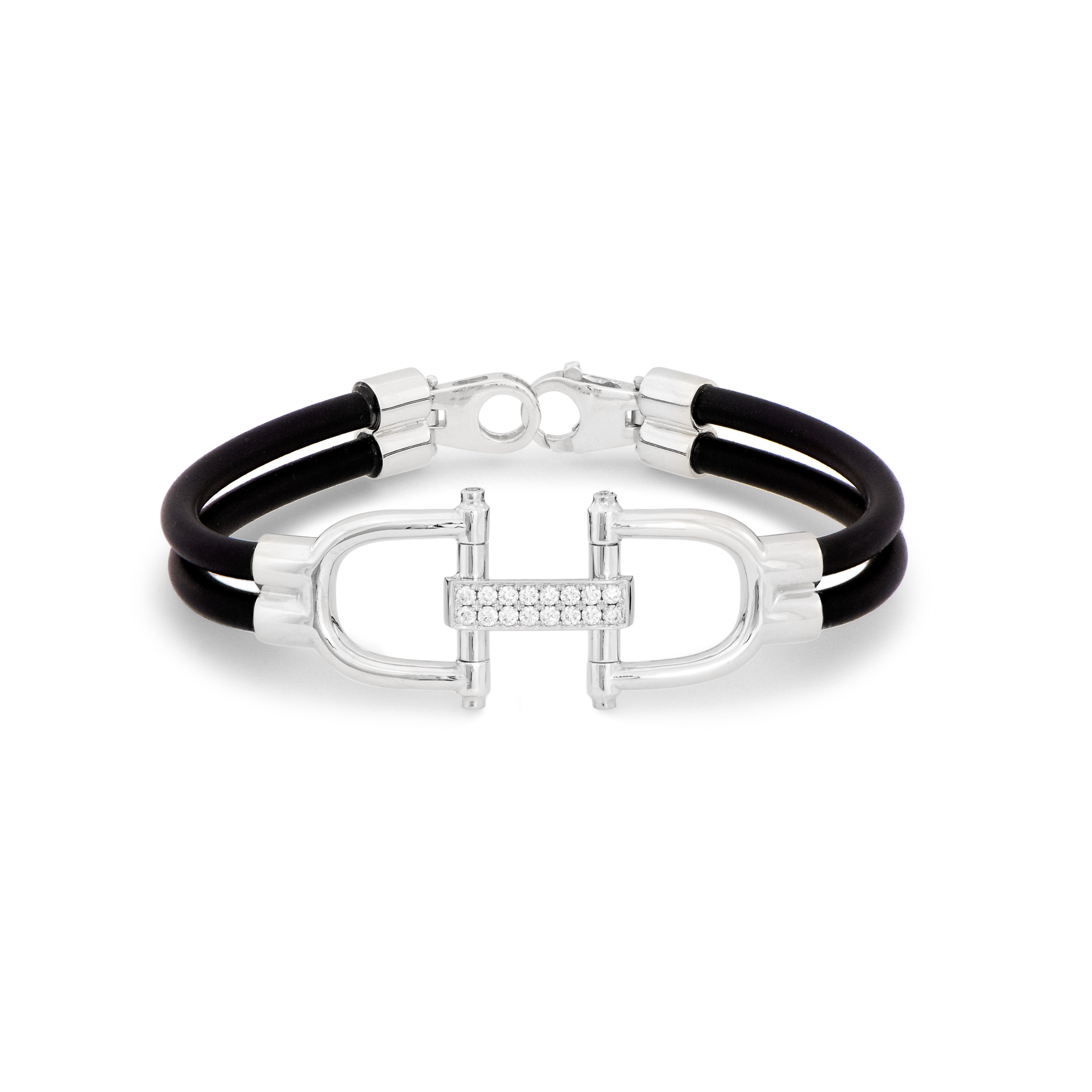14k white gold snaffle bit bracelet with 0.43ct diamond-pavé center bar, mounted on double black neoprene cord with white gold fittings and lobster clasp
