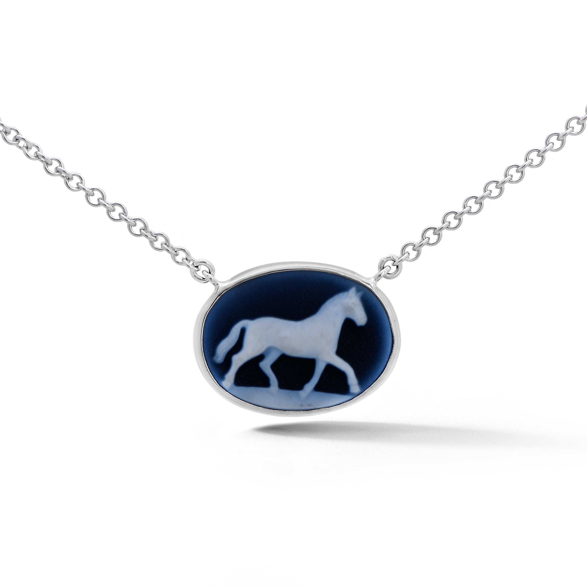 Oval horse cameo bezel set in 18k white gold, backed in 14k white gold with a 14kw gold split cable chain