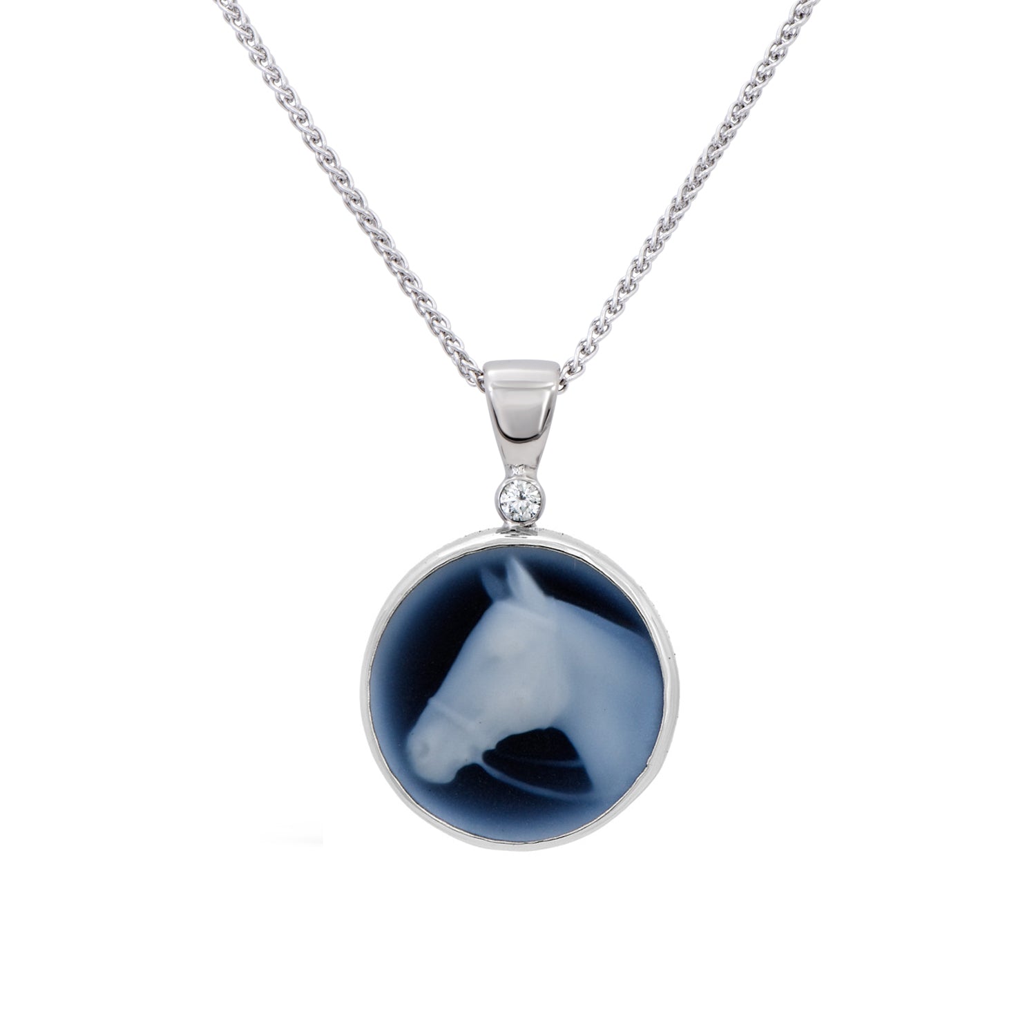 Carved agate horse head cameo in palladium and 14k white gold with accent diamond