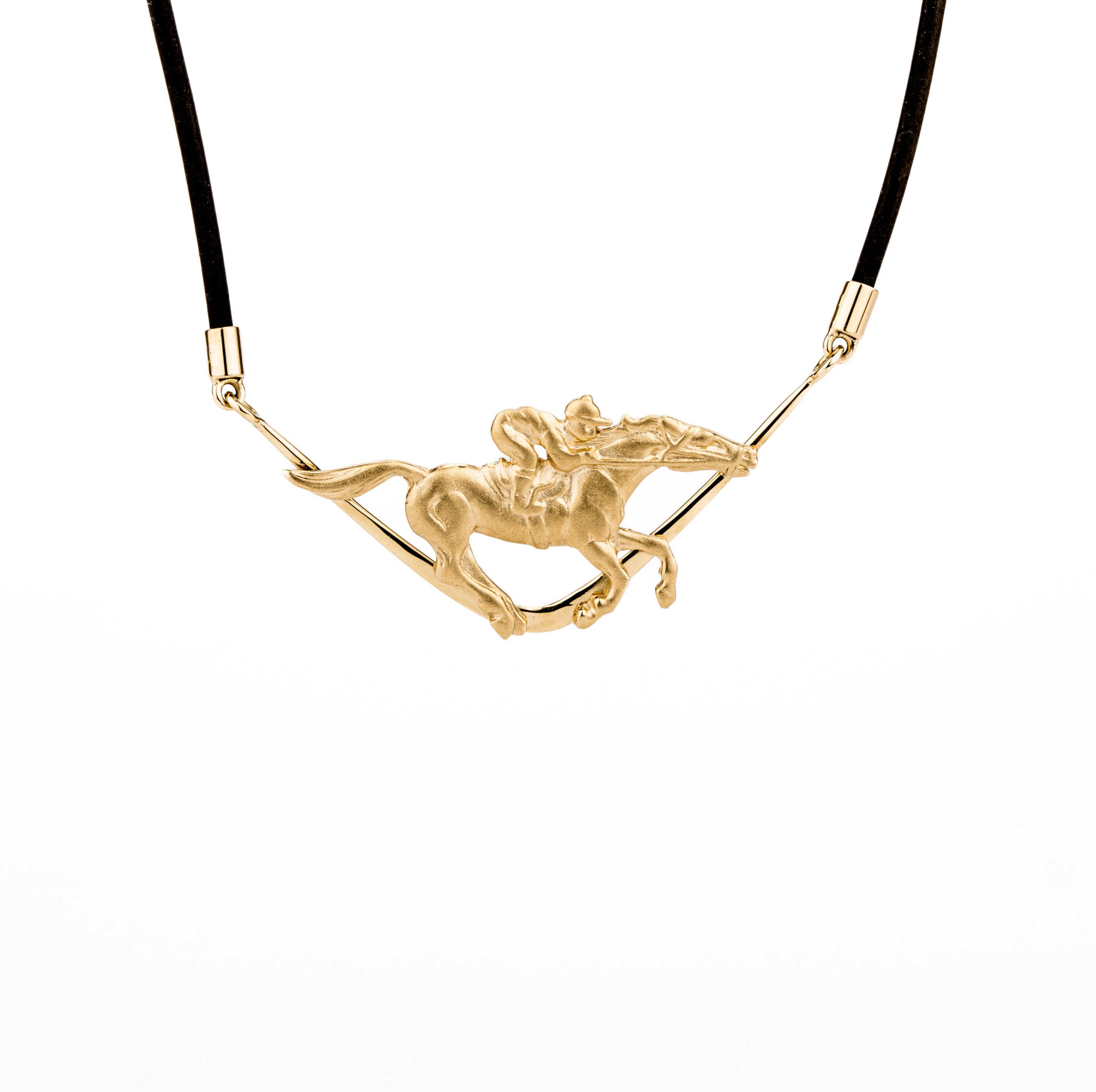 14k yellow gold sculptural running horse and jockey pendant on adjustable black neoprene cord necklace