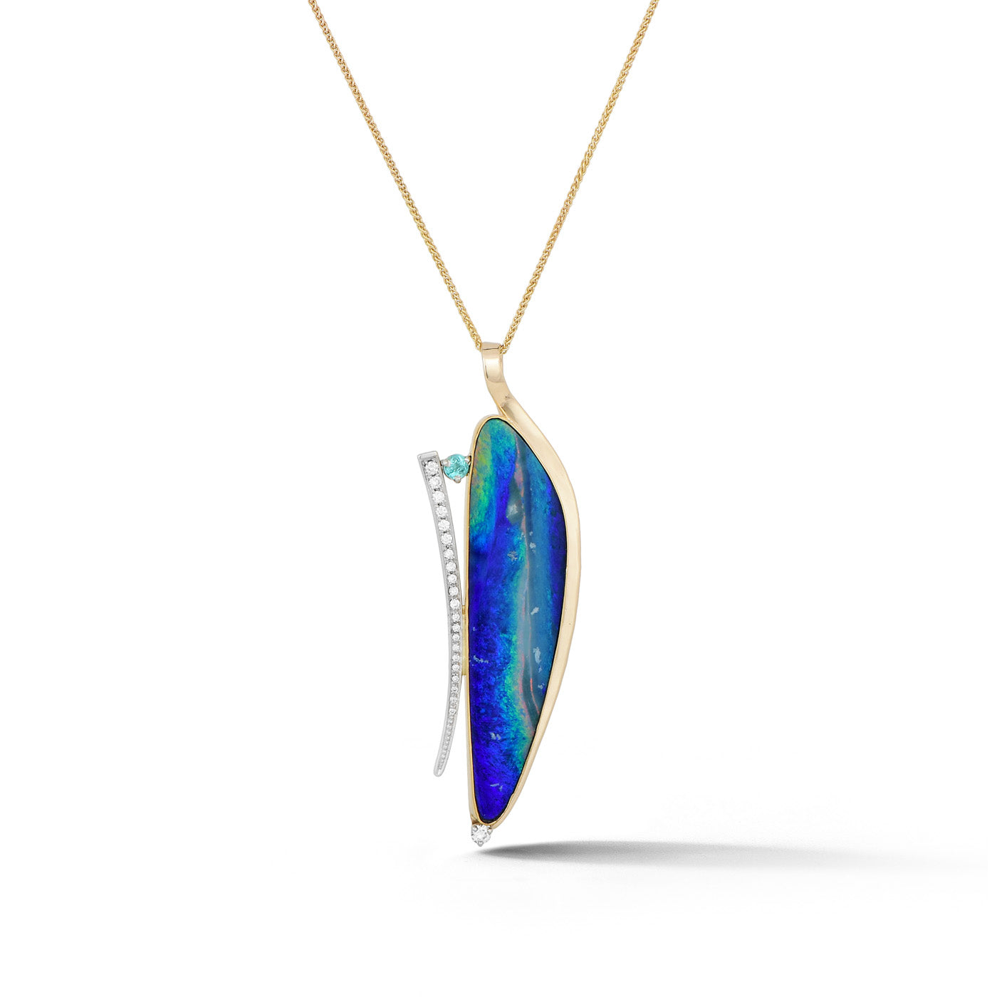 One-of-a-kind Australian opal doublet pendant in 22K and 14K yellow gold with 14K white gold diamond arc and Paraíba tourmaline accent