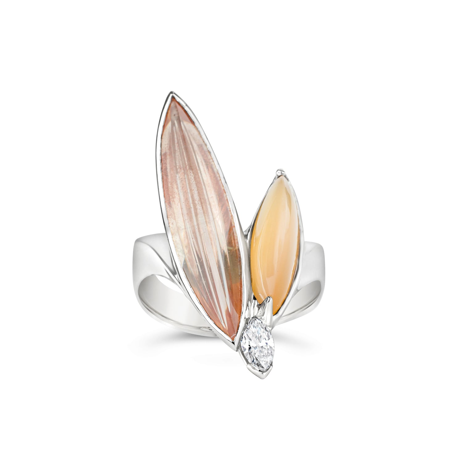 One-of-a-kind platinum ring featuring a Munsteiner-cut Oregon sunstone, marquise moonstone cabochon, and marquise diamond in V-wrap settings