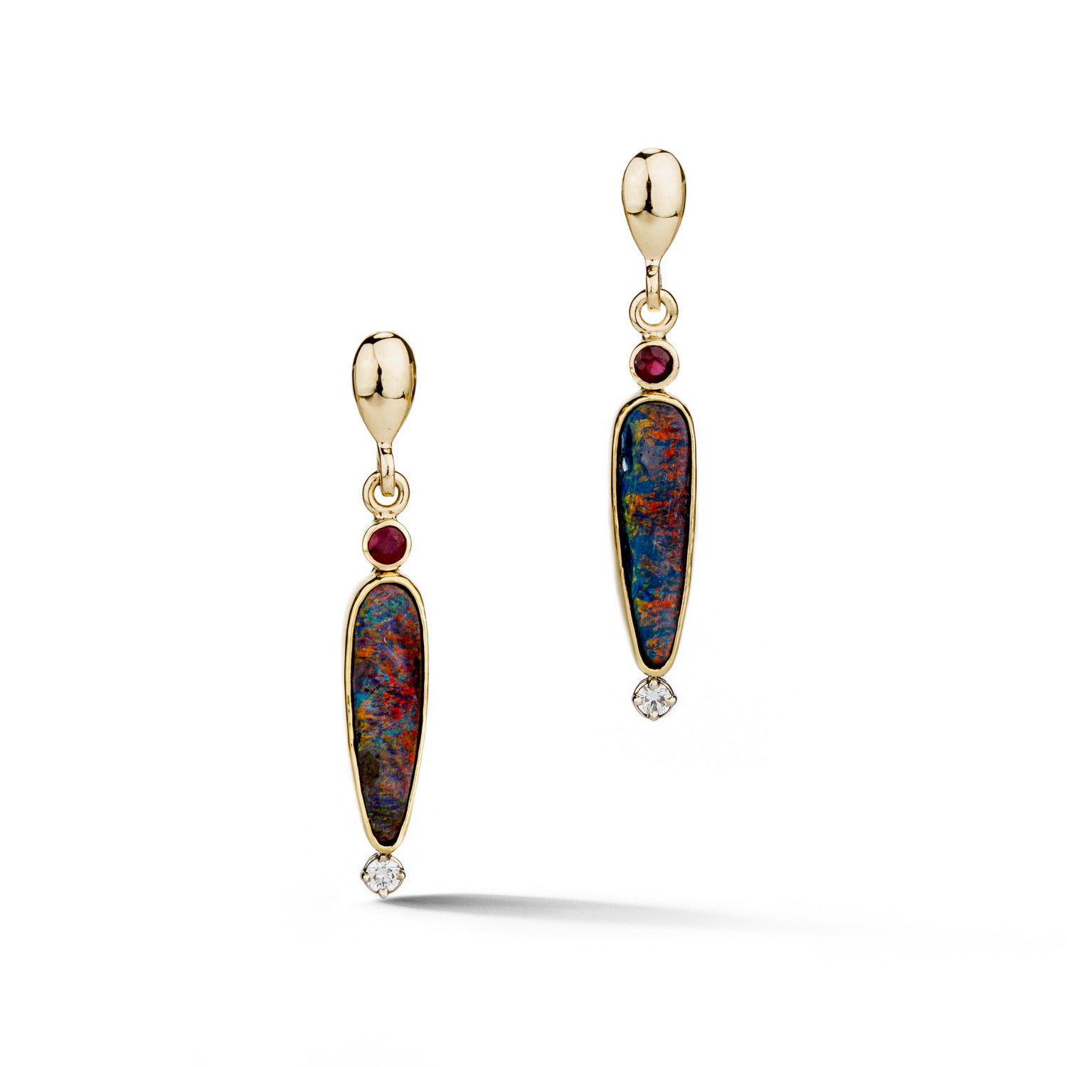 Boulder opal drop earrings with rubies and diamonds in 14k yellow gold