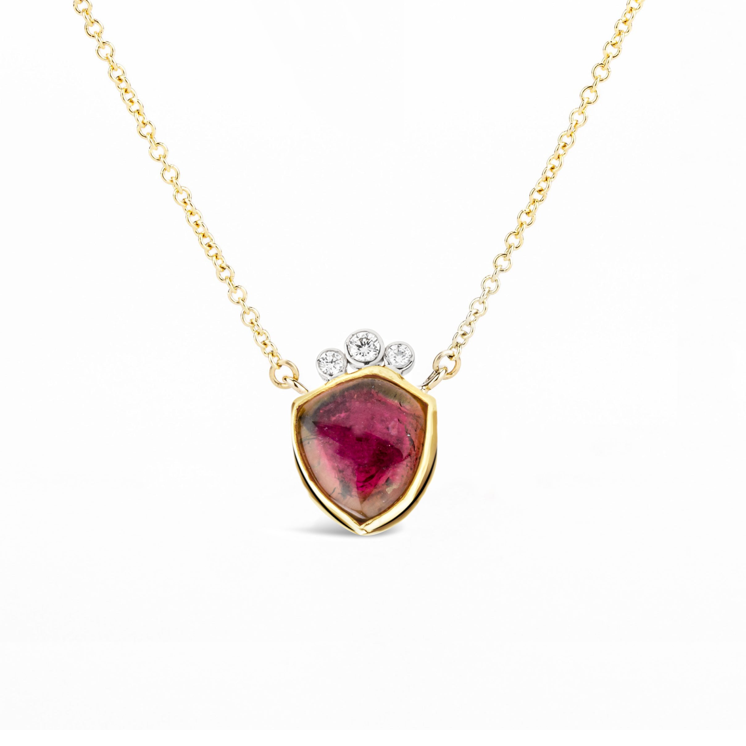Watermelon and diamond necklace in 14k and 18k yellow gold