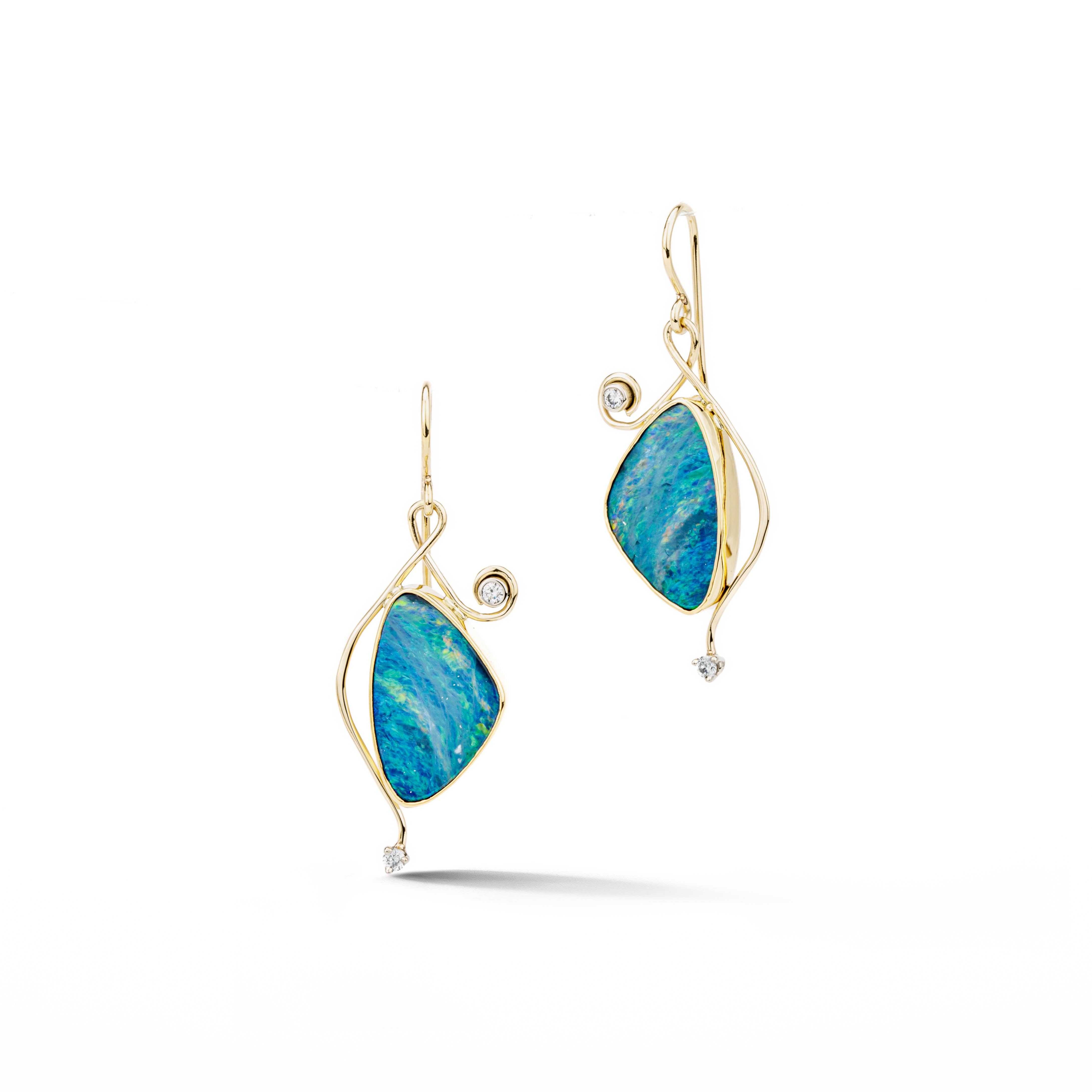 Opal doublet and diamond drop earrings with hand forged gold tendrils