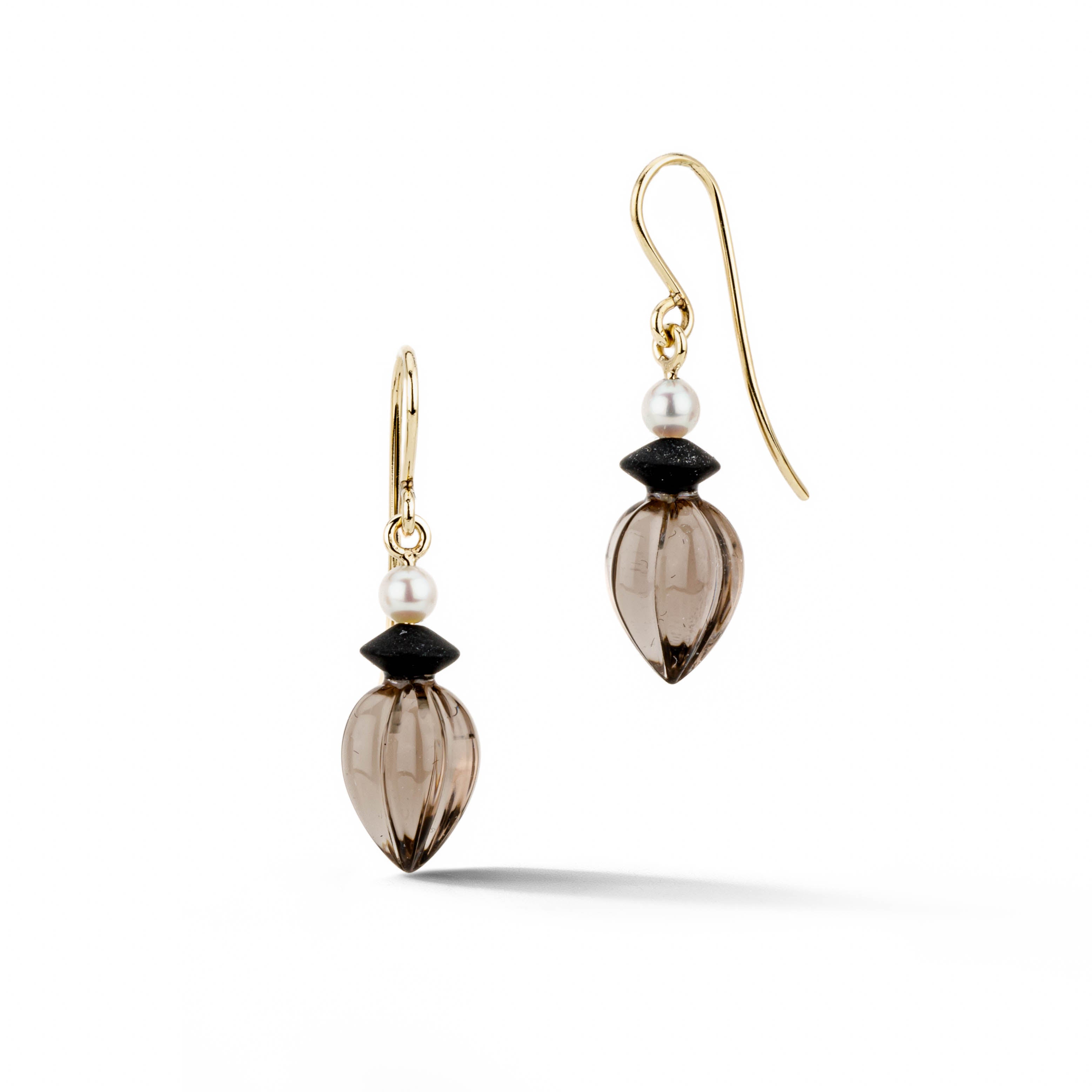 One-of-a-kind 14k yellow gold drop earrings featuring hand-carved smoky quartz teardrops, black onyx accents, and 4mm Akoya pearls on French wire hooks