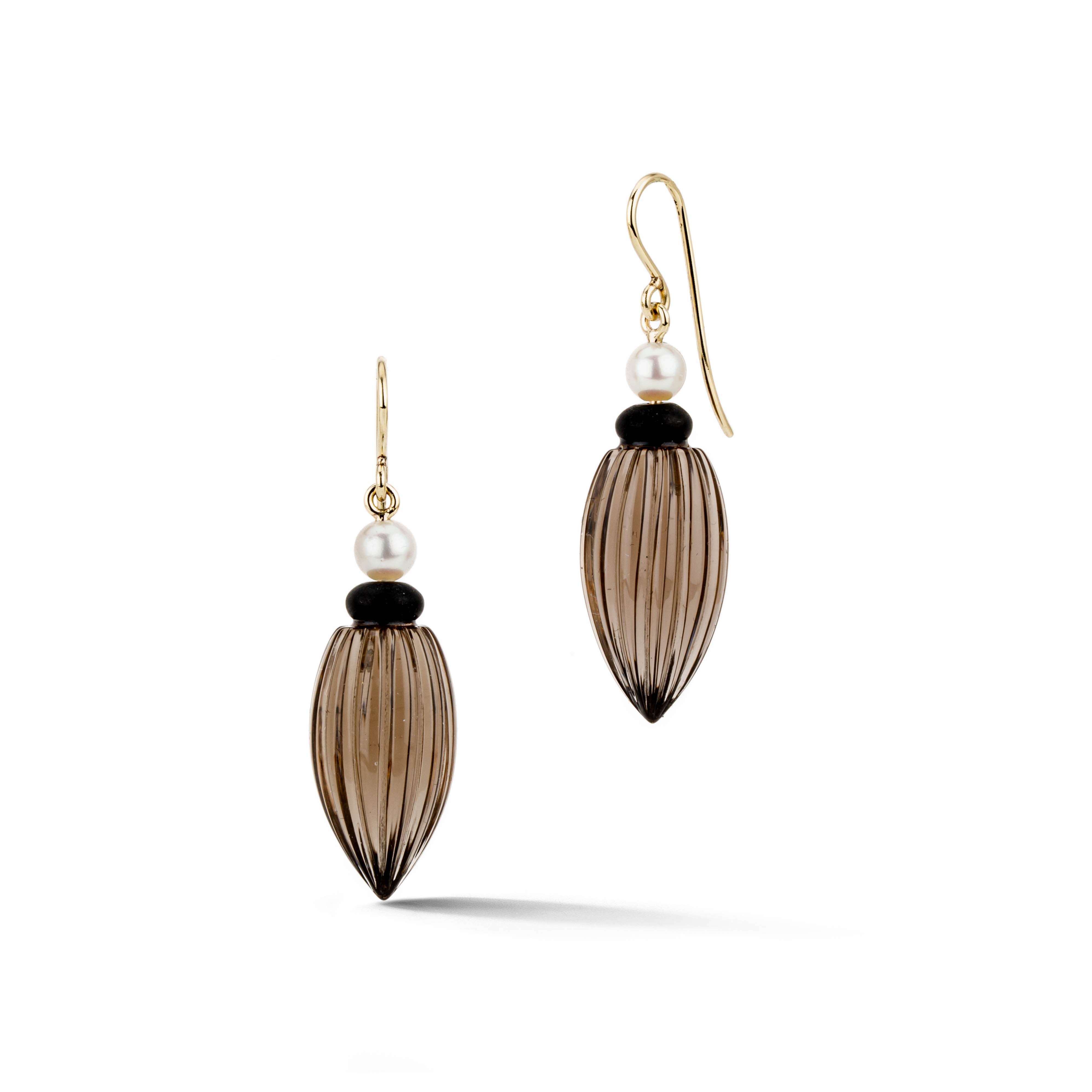 One-of-a-kind 14k yellow gold drop earrings with large hand-carved smoky quartz drops, black onyx rondelles, and 4.75mm freshwater pearl accents on French wire hooks