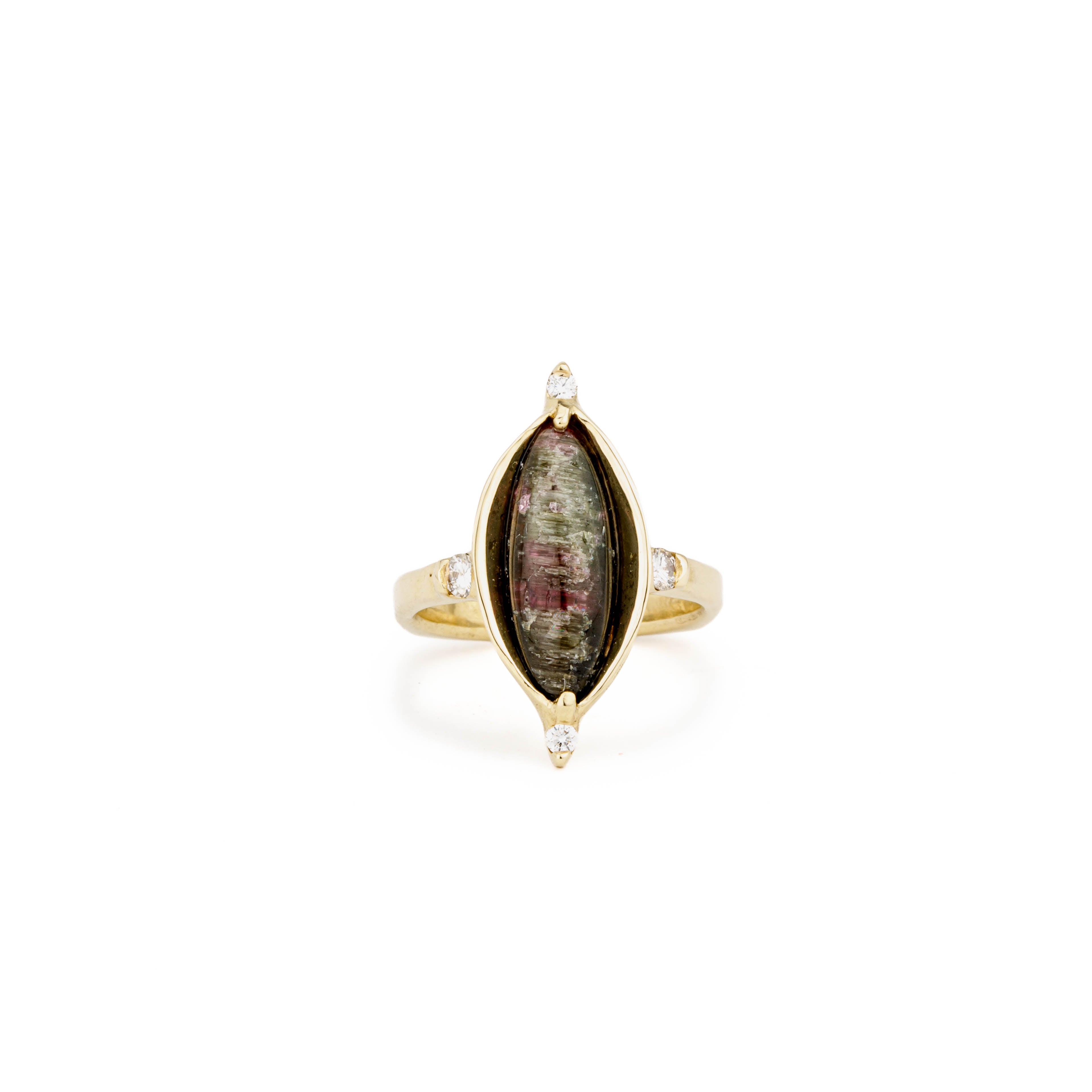 14k yellow gold ring with a marquise cat's eye tourmaline in an open two-prong bezel, accented by four round diamonds in a half-wrap setting.