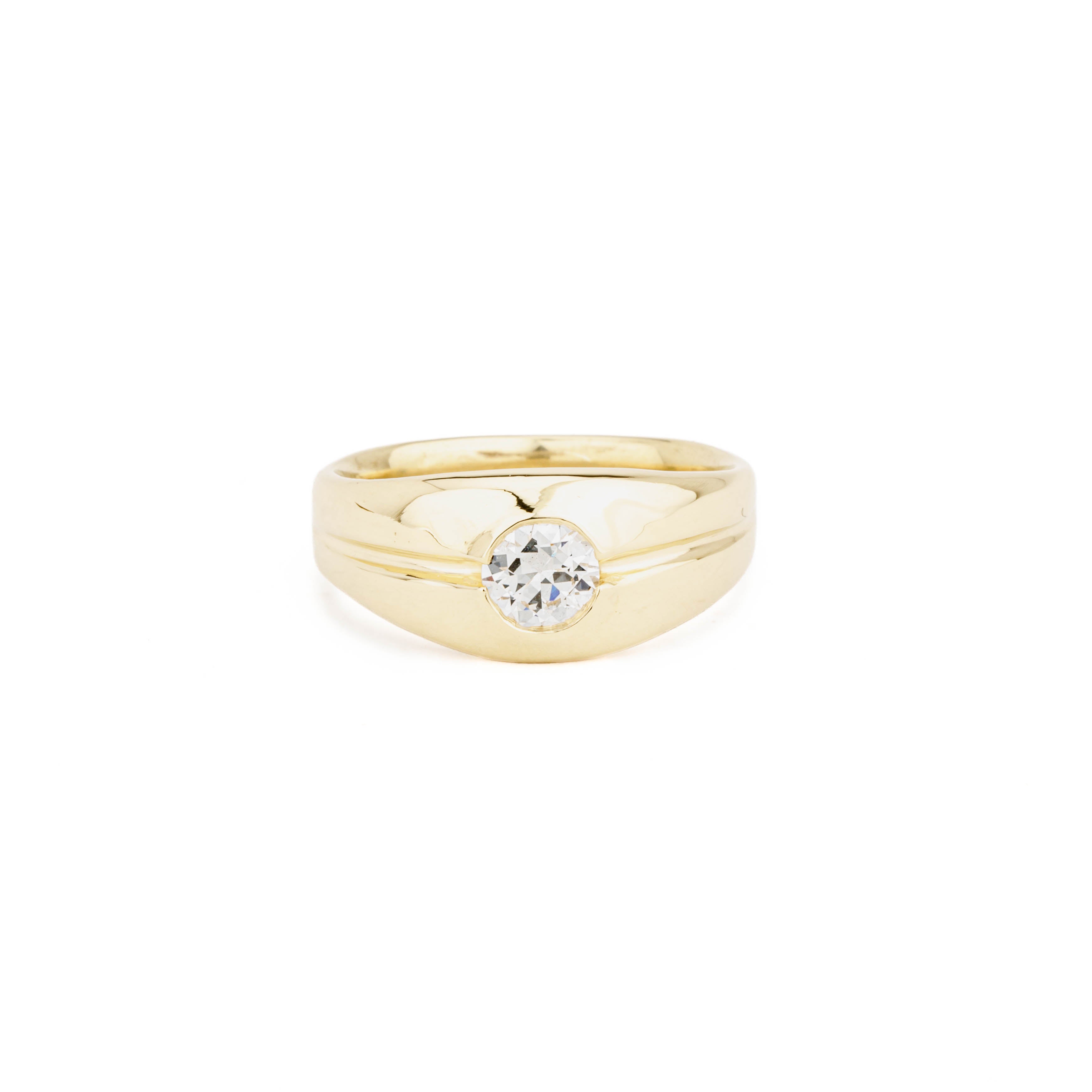 14k yellow gold men's signet ring with a flush-set old European cut diamond and grooved band