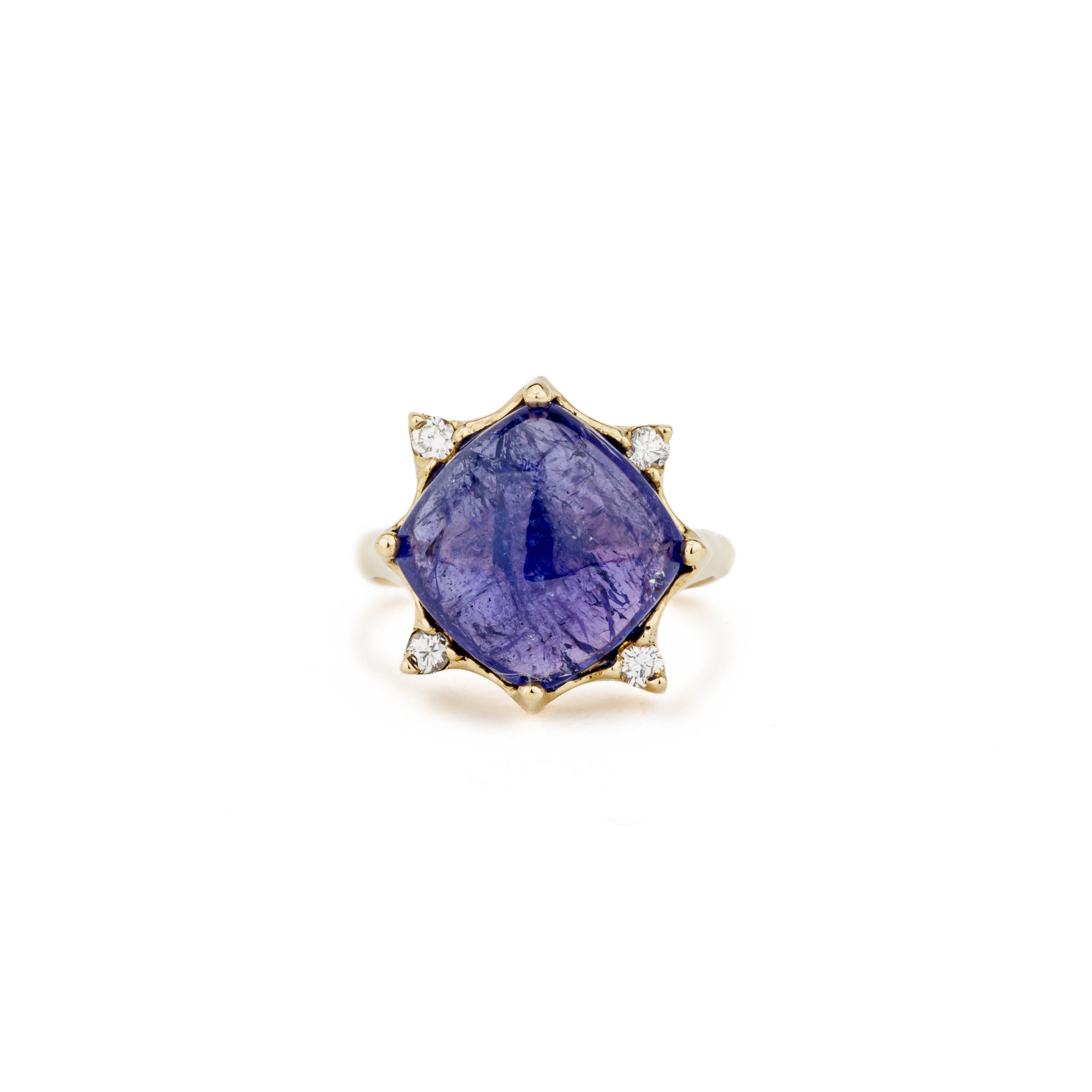 14k yellow gold ring with 11.79ct cabochon tanzanite center stone and four round diamond accents in a sunburst setting, size 7.25