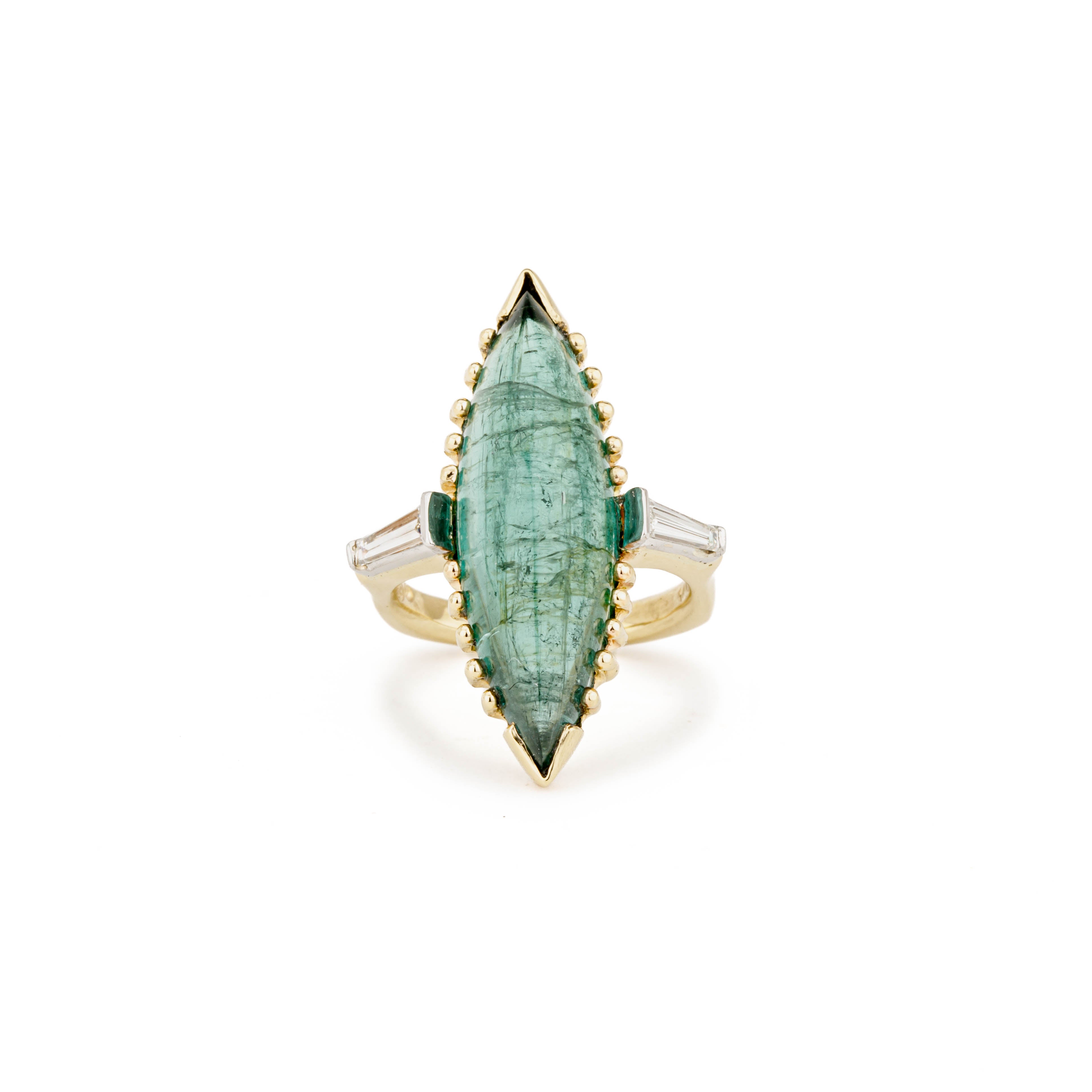 One-of-a-kind 14k gold ring with a navette-cut green tourmaline cabochon and baguette diamond accents