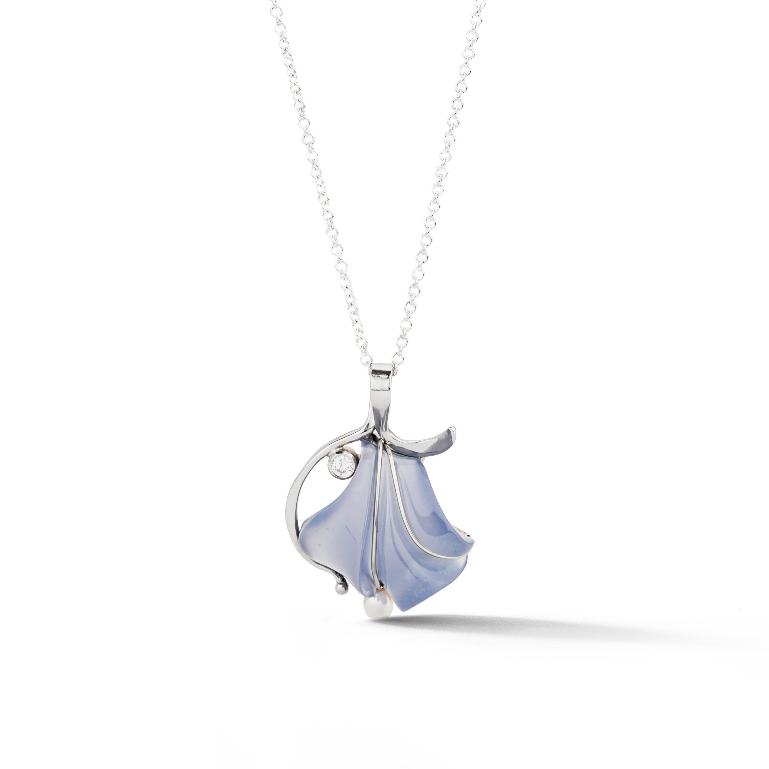14k white gold pendant necklace with carved blue-grey chalcedony stone, diamond accent, and freshwater pearl
