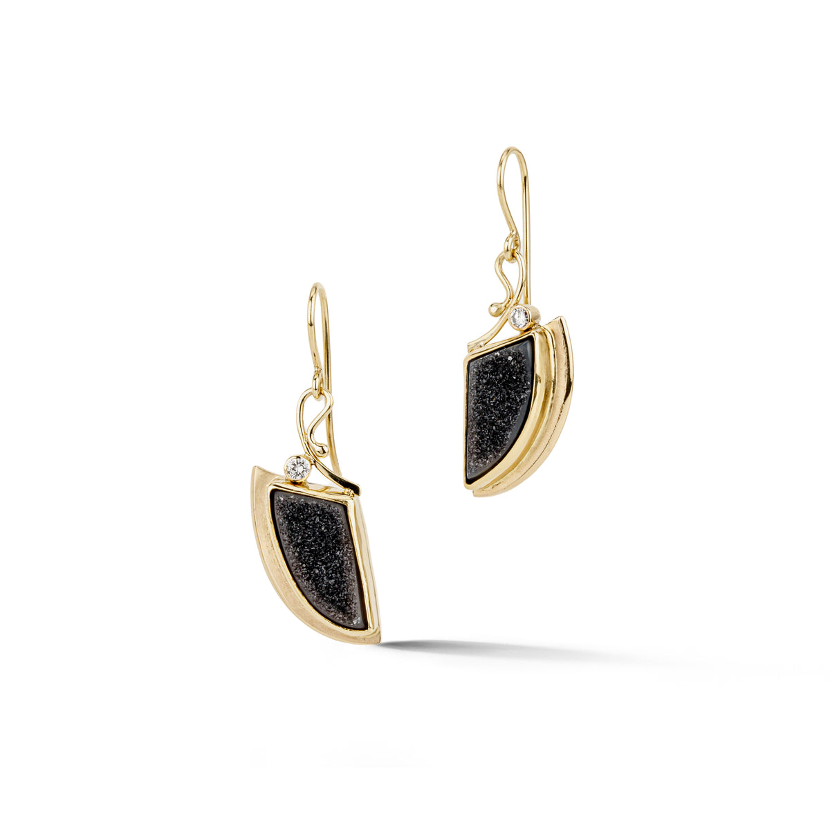 One of a kind 14k yellow gold earrings with fan-shaped black drusy quartz, bezel-set diamonds, and a forged gold tendril