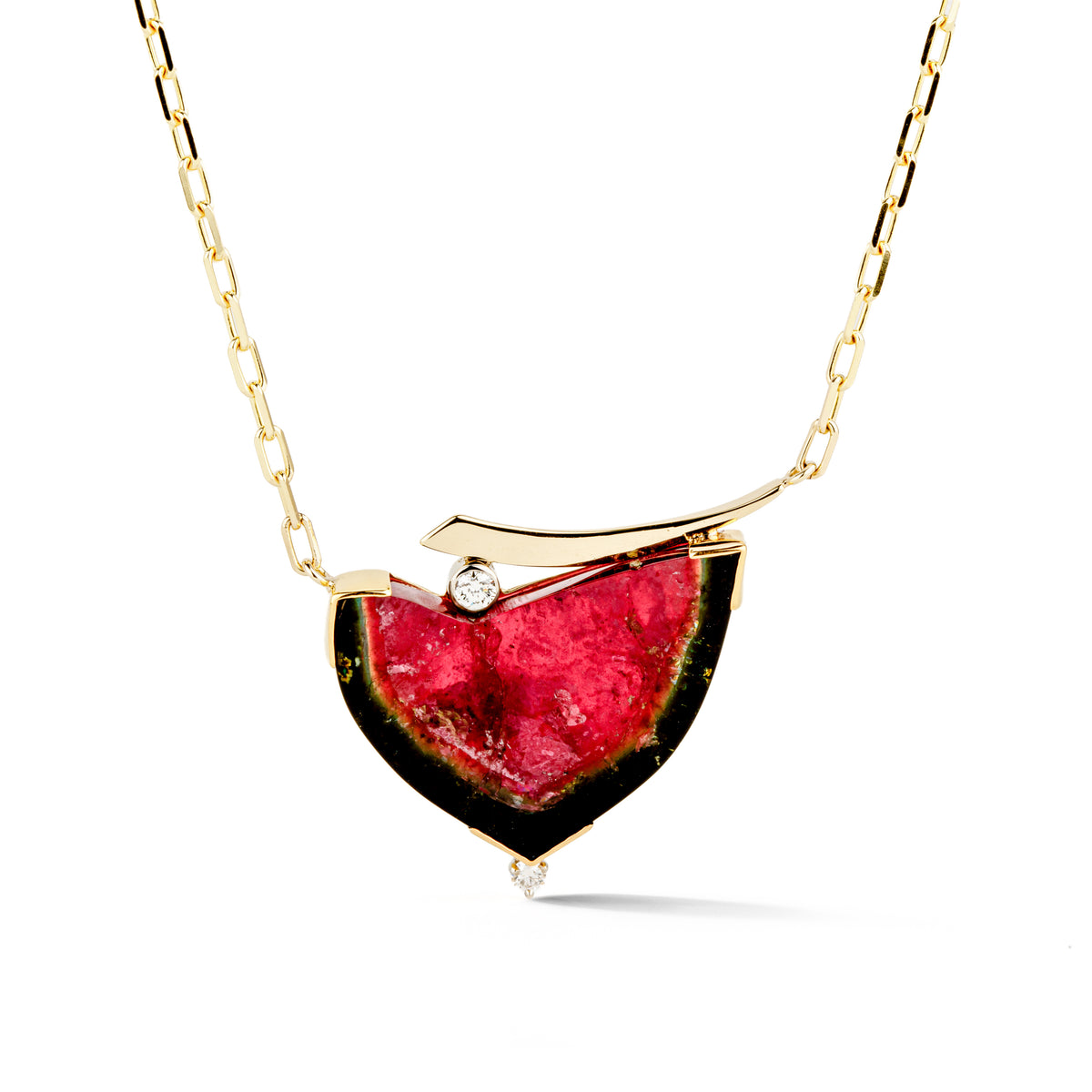 One of a kind yellow gold necklace with a pink and green watermelon tourmaline slice, two round diamonds, and a sweeping gold bar on a flat oval link chain