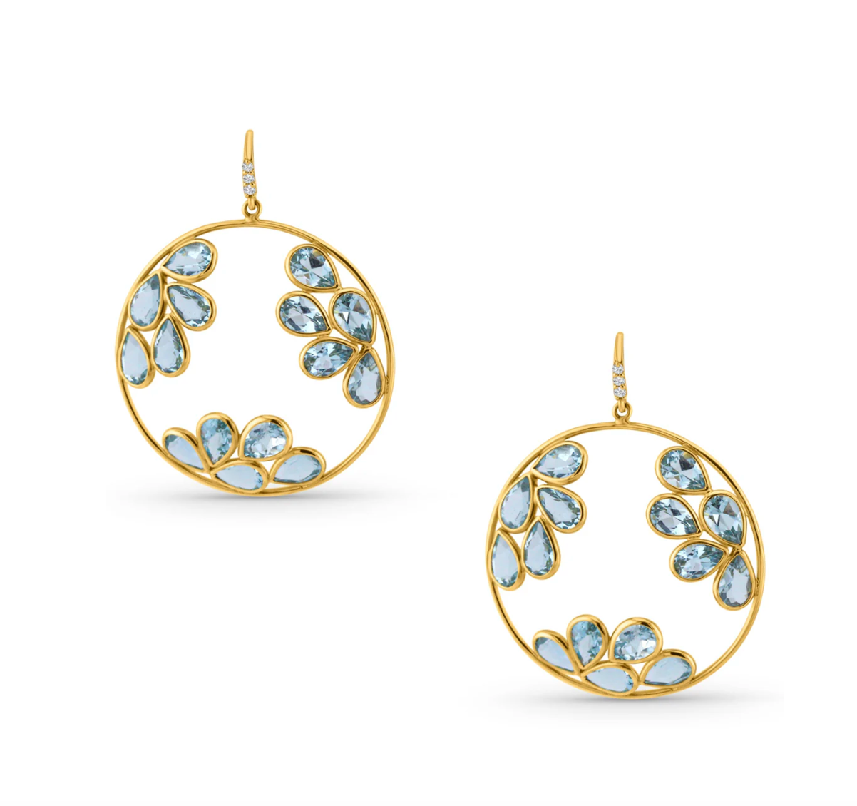 18k yellow gold open circle drop earrings with pear-shaped aquamarine clusters in leaf formations and diamond pavé wire hooks