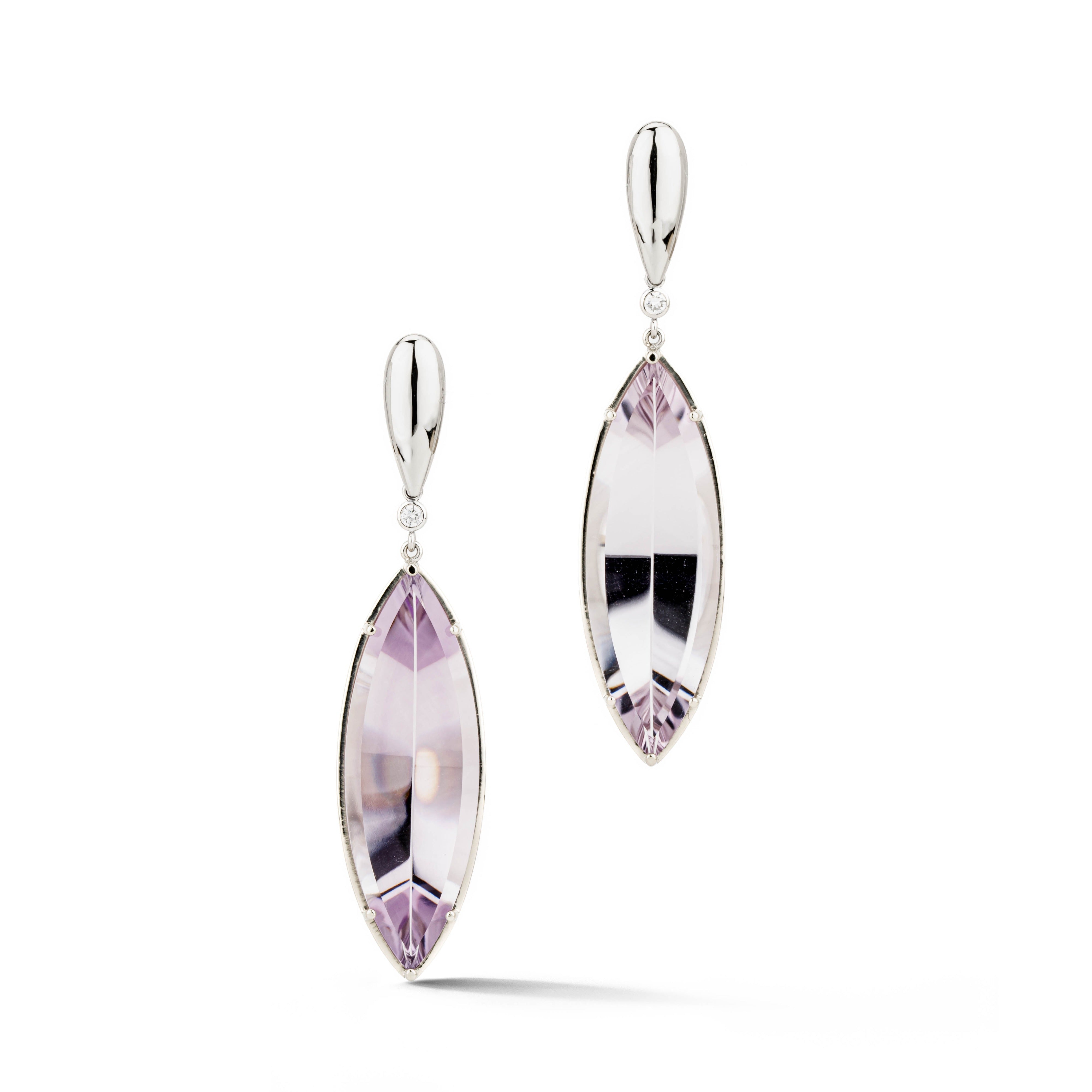 14k white gold drop earrings featuring large marquise amethyst stones with diamond accent connectors, satin finish post backs