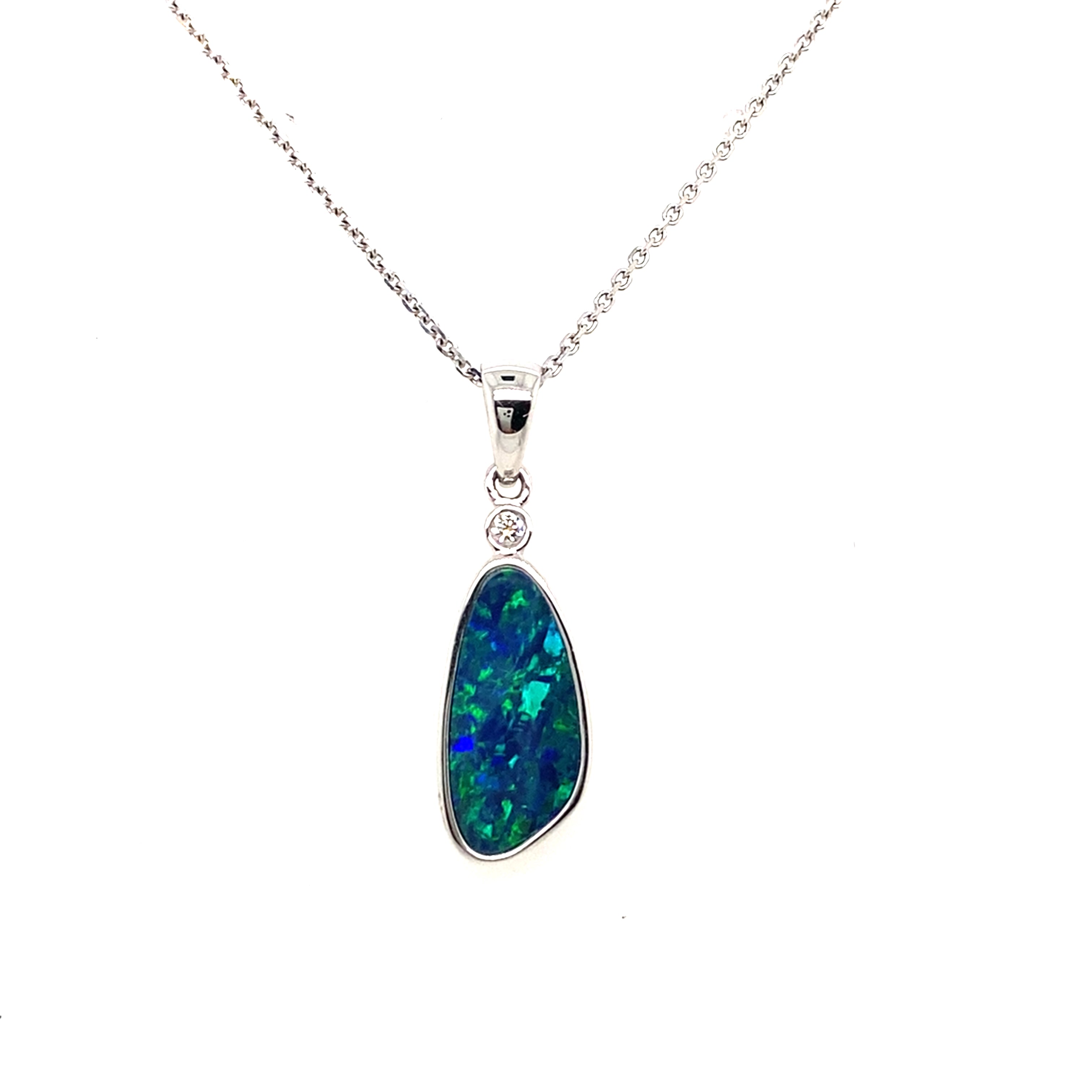14k white gold freeform opal doublet and diamond pendant necklace