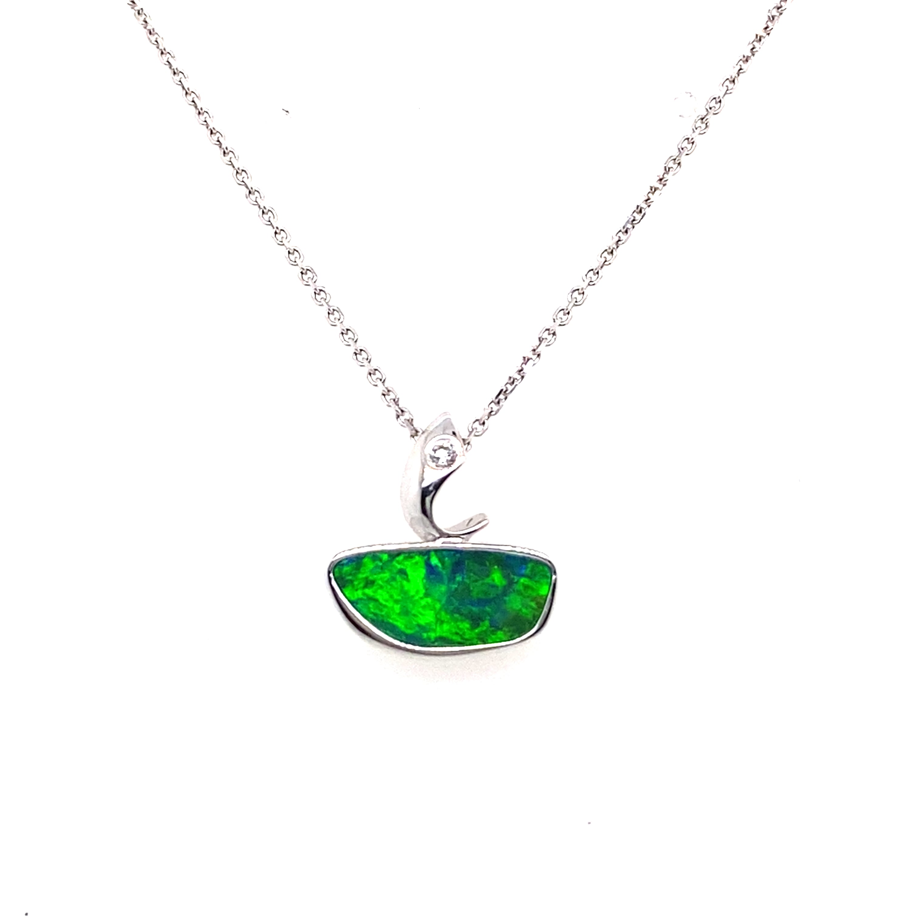 14k white gold pendant necklace featuring a vivid green opal doublet bezel set with diamond accent bail
