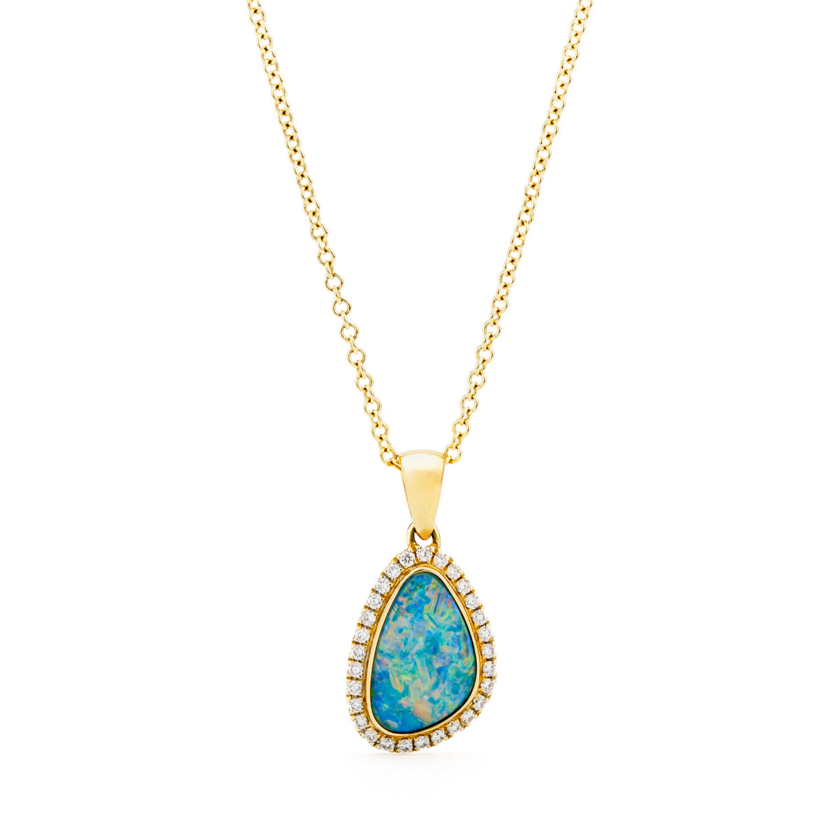 14k yellow gold pendant necklace featuring a freeform opal doublet with pavé diamond halo