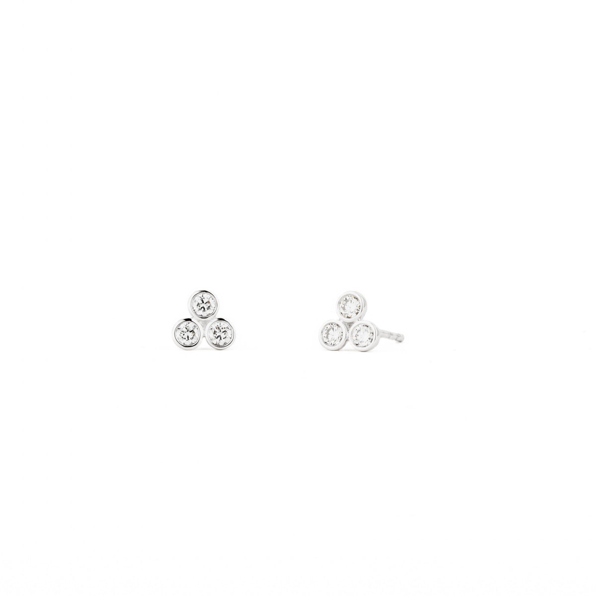14k white gold three-diamond bezel-set cluster stud earrings with round natural diamonds totaling 0.31 carats