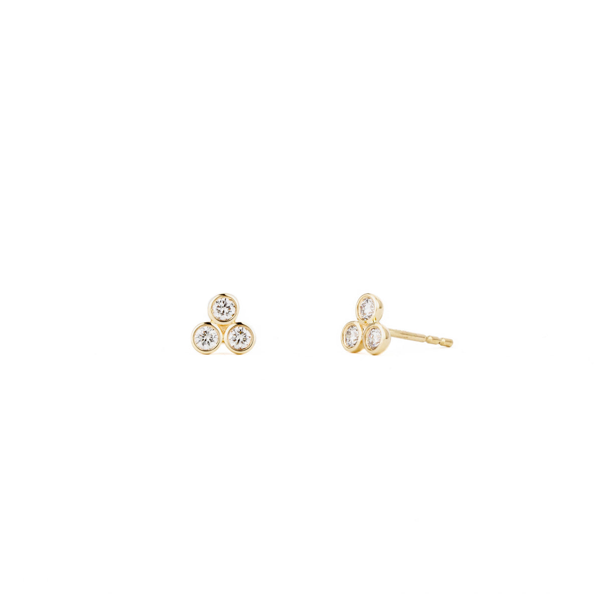 14k yellow gold three-diamond bezel-set cluster stud earrings with round natural diamonds totaling 0.31 carats