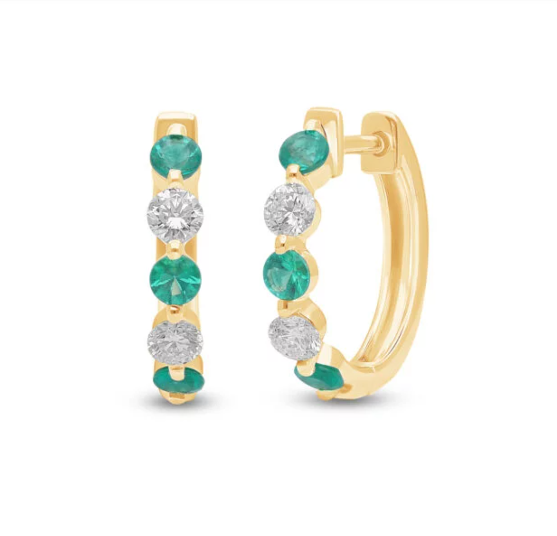 14k yellow gold alternating emerald and diamond huggie hoop earrings